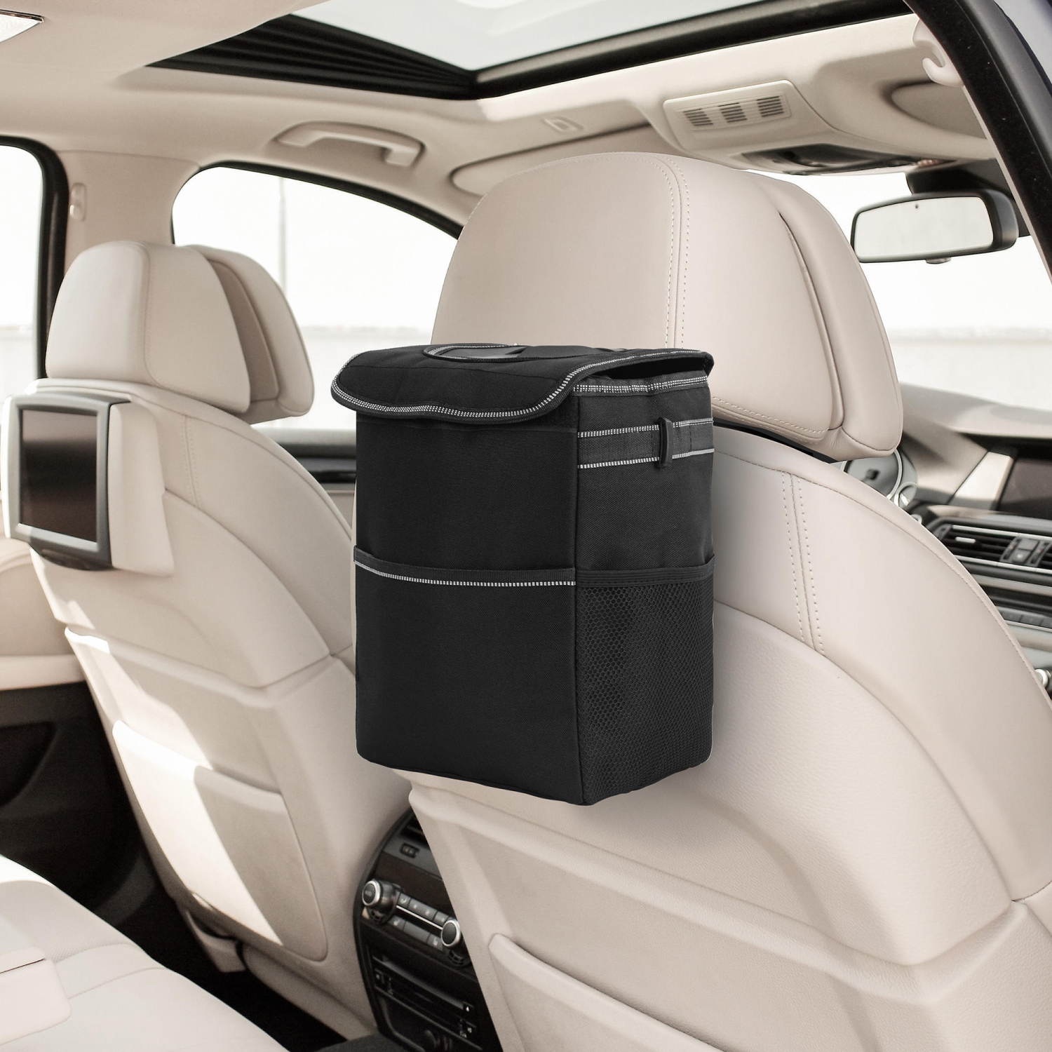 Automotive Garbage Can, Waterproof Car Trash Can with Lid & Side Pockets, Black for all cars, trucks, RVs, and SUVs- LIVINGbasics®