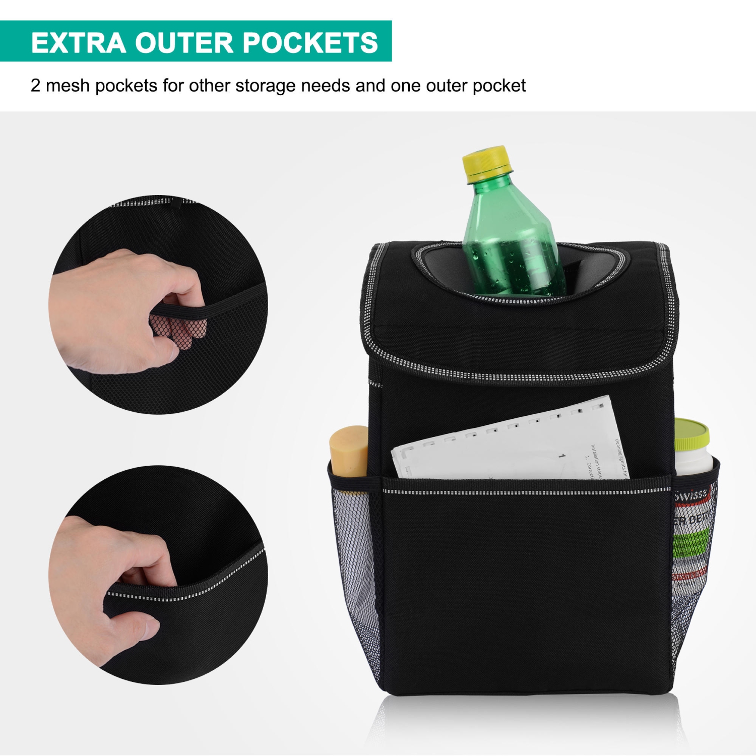 Automotive Garbage Can, Waterproof Car Trash Can with Lid & Side Pockets, Black for all cars, trucks, RVs, and SUVs- LIVINGbasics®