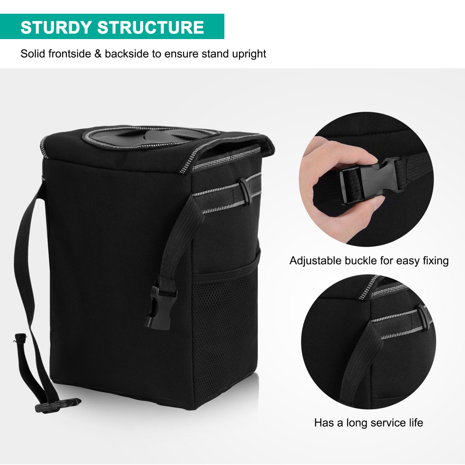 Automotive Garbage Can, Waterproof Car Trash Can with Lid & Side Pockets, Black for all cars, trucks, RVs, and SUVs- LIVINGbasics®