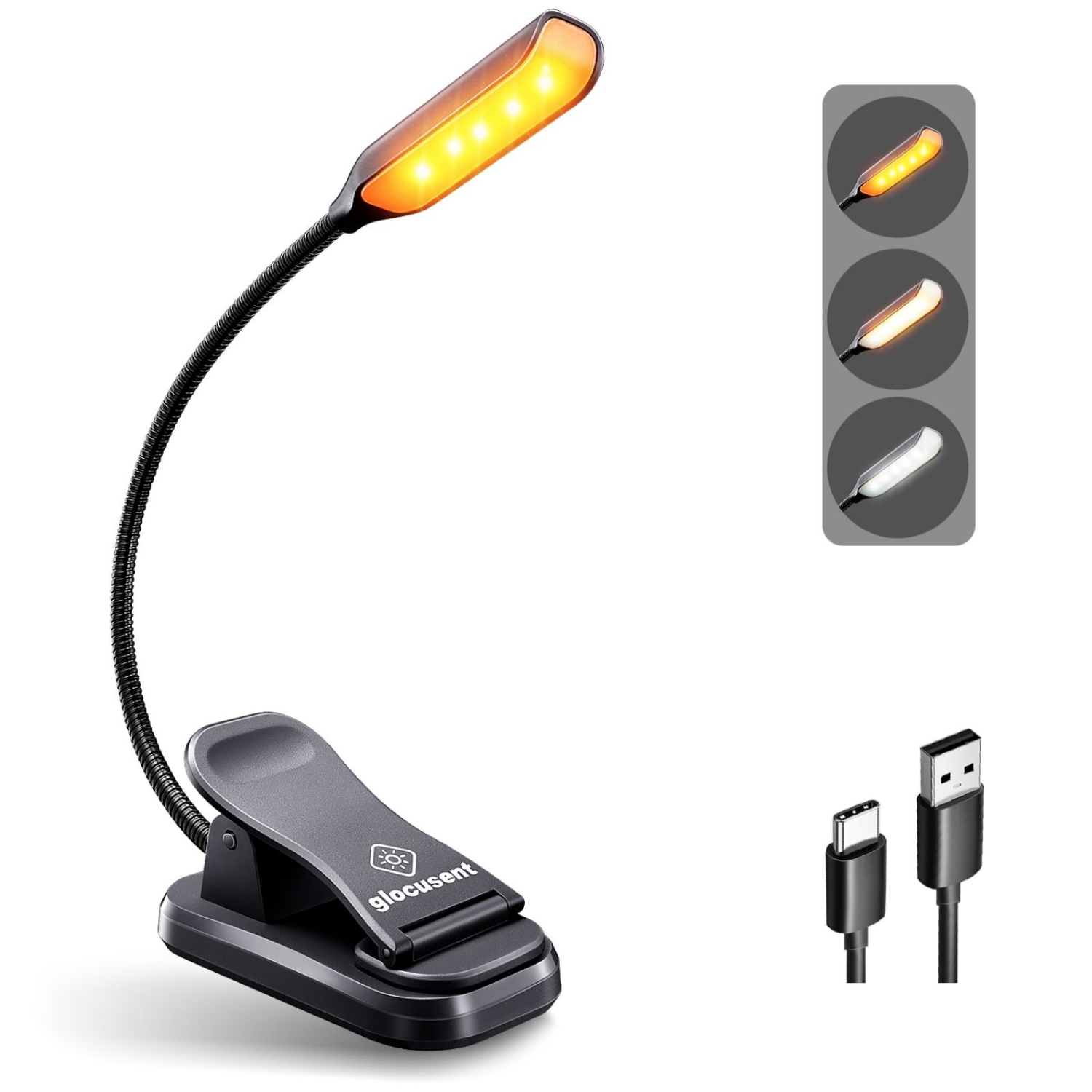 Glocusent Lightweight Rechargeable 10 LED Amber Book Light for Reading in Bed, Clip-on EyeCare Warm Reading Light up to 80Hrs, 3 Brightness Dimmable X 3 Color Modes, Perfect for Readers & Kids - Black