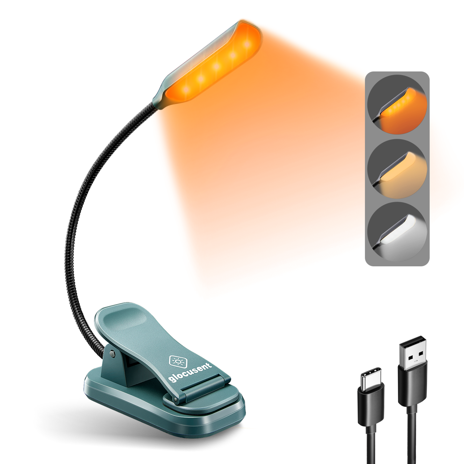 Glocusent Lightweight Rechargeable 10 LED Amber Book Light for Reading in Bed, Clip-on EyeCare Warm Reading Light up to 80Hrs, 3 Brightness Dimmable X 3 Color Modes, Perfect for Readers & Kids - Green