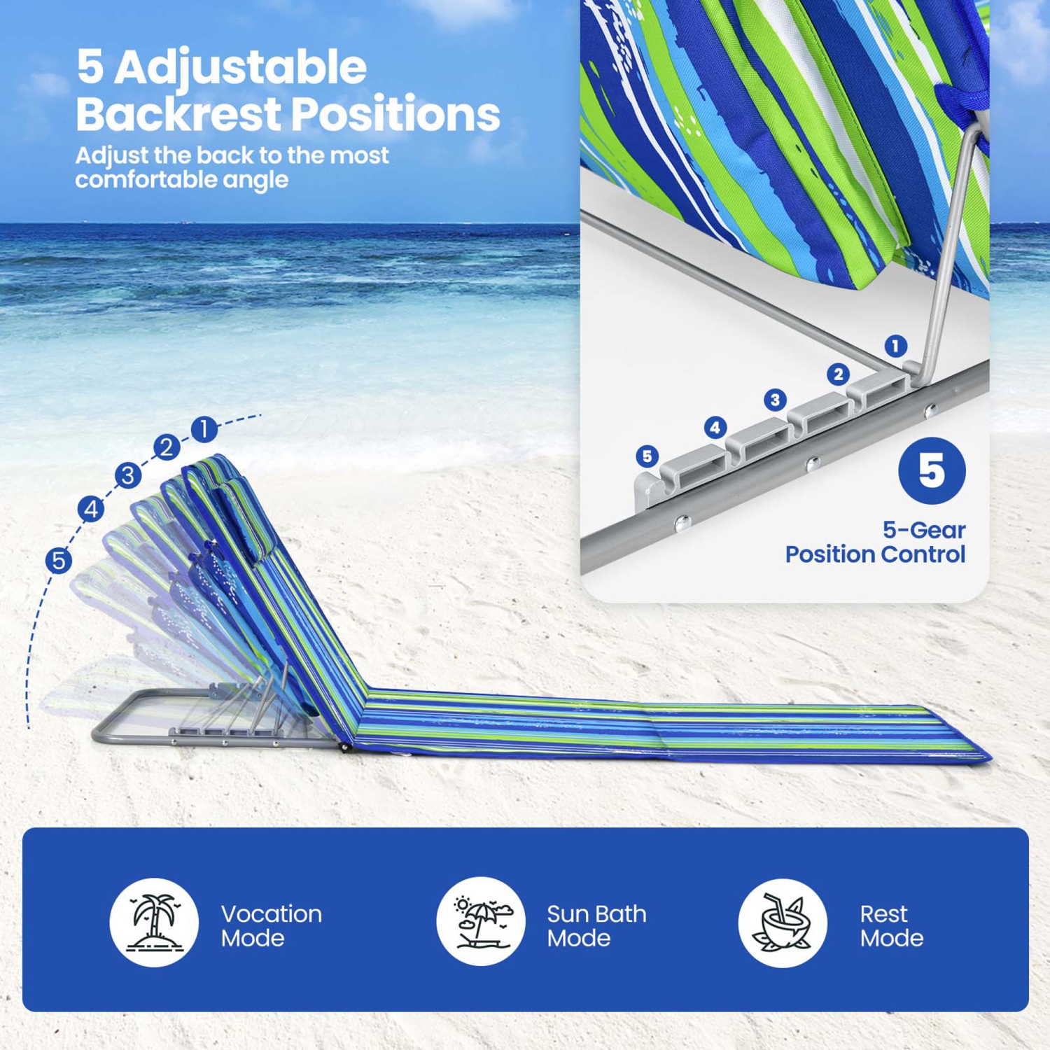 Gymax 3PCS Folding Beach Mat Set Adjustable Beach Lounge Chair & Side Table Set