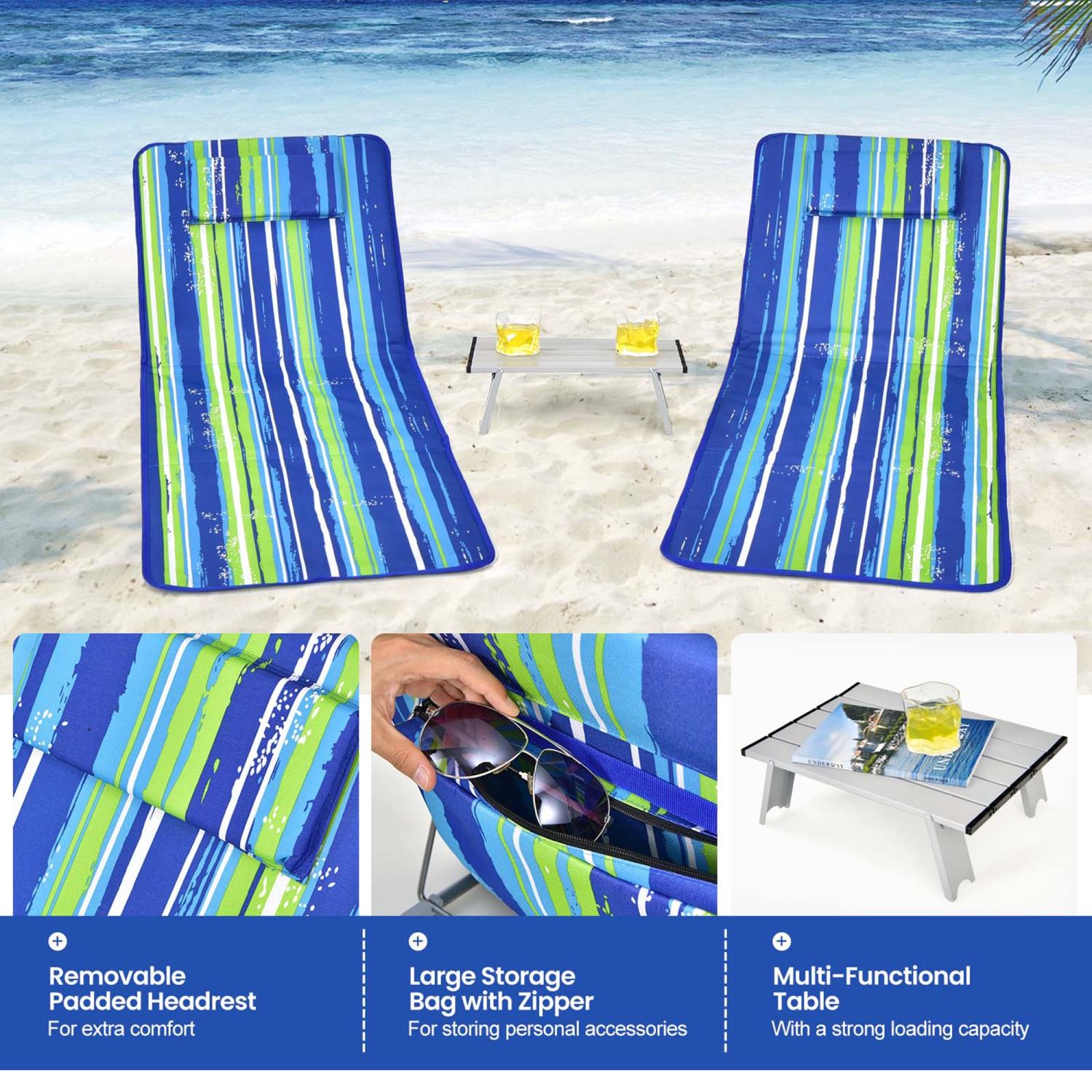 Gymax 3PCS Folding Beach Mat Set Adjustable Beach Lounge Chair & Side Table Set