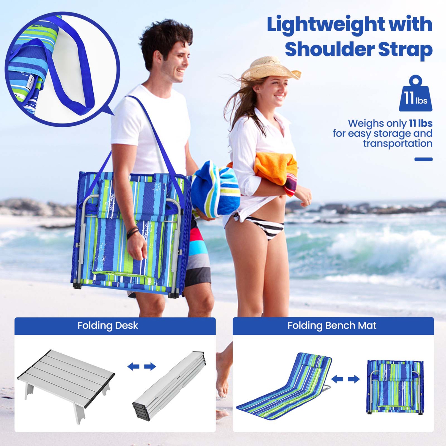 Gymax 3PCS Folding Beach Mat Set Adjustable Beach Lounge Chair & Side Table Set