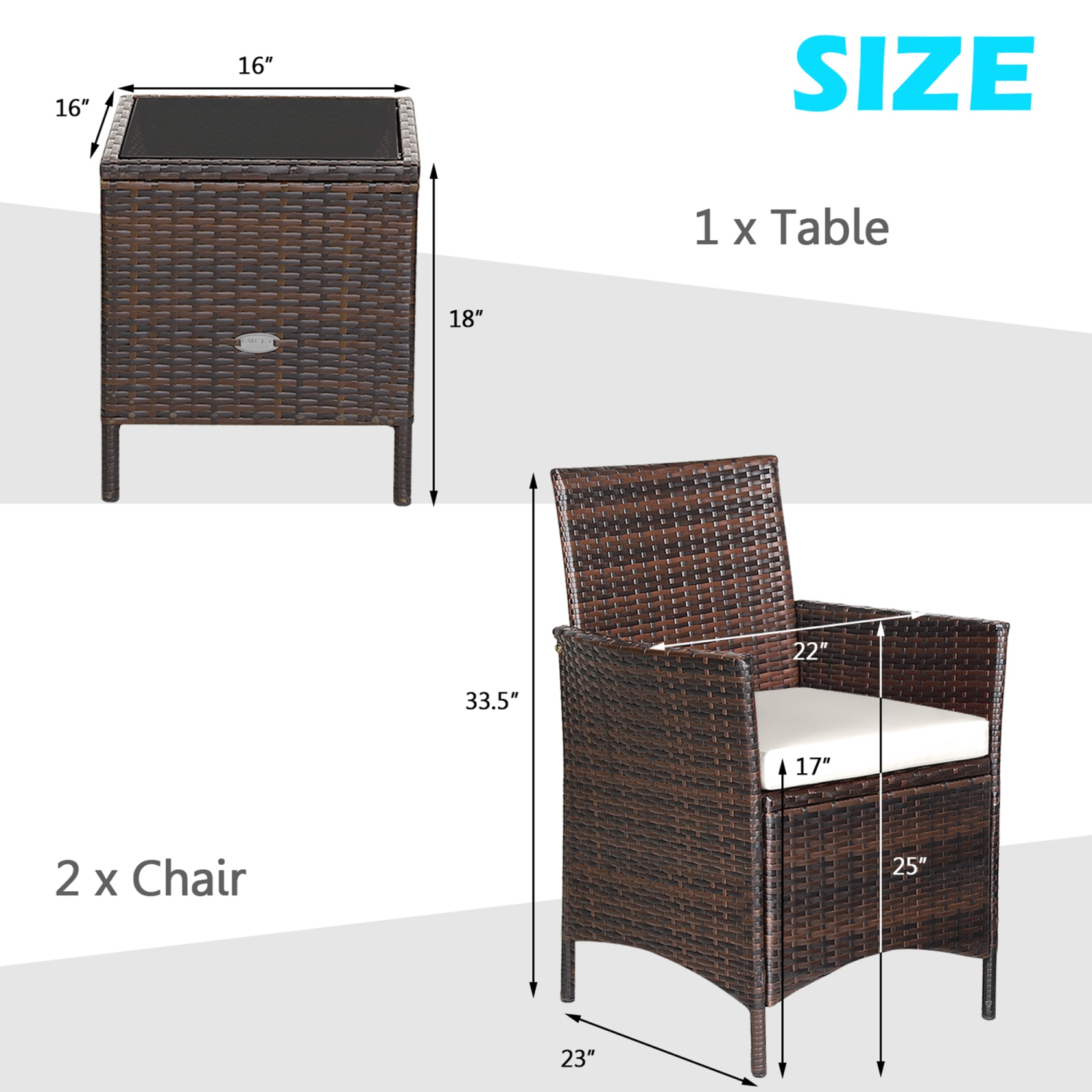 Gymax 3PCS Outdoor Rattan Conversation Set Patio Furniture Set w/ White Cushions