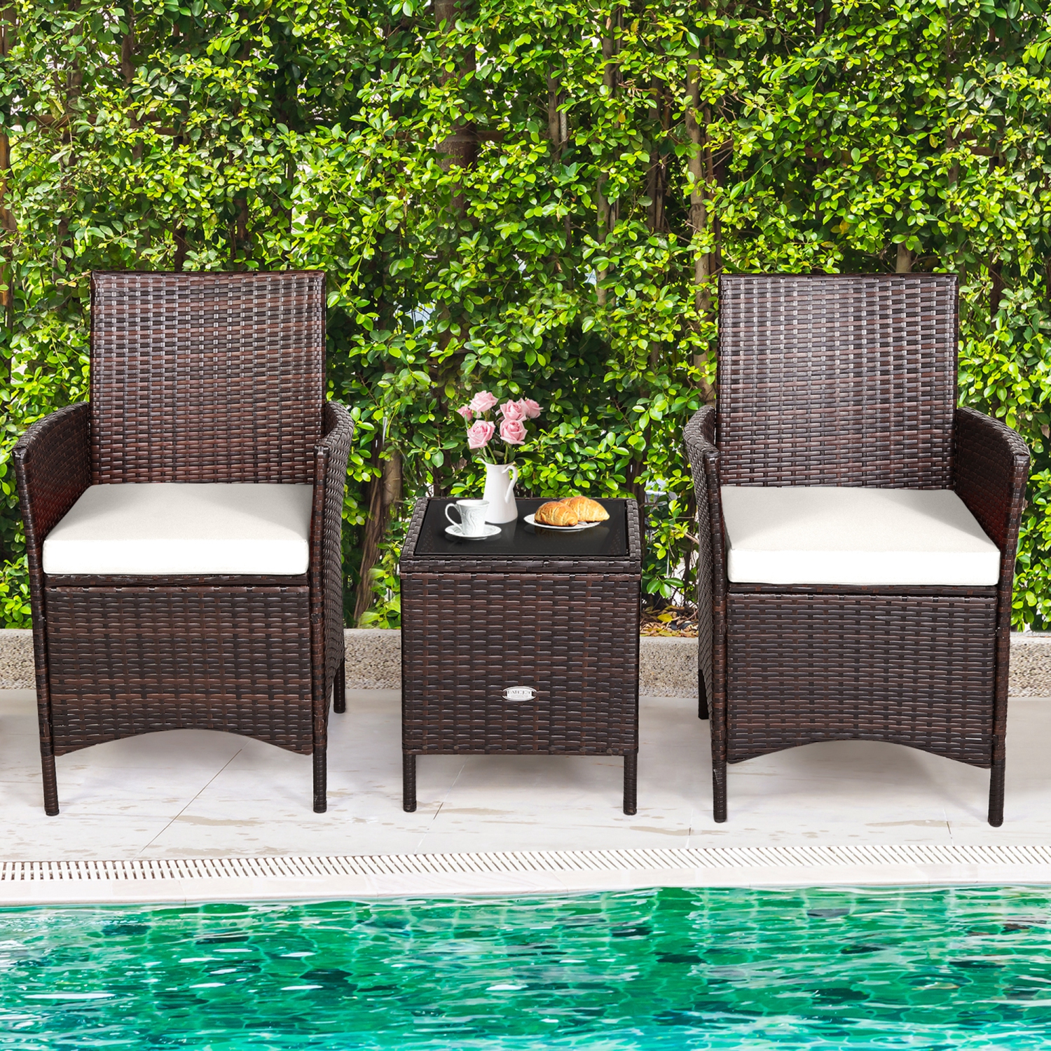 Gymax 3PCS Outdoor Rattan Conversation Set Patio Furniture Set w/ White Cushions
