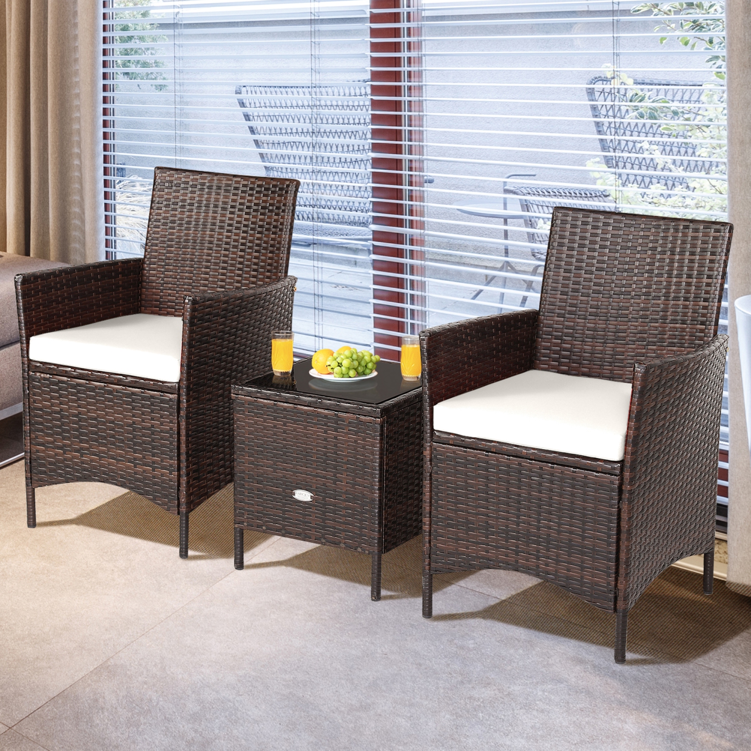 Gymax 3PCS Outdoor Rattan Conversation Set Patio Furniture Set w/ White Cushions