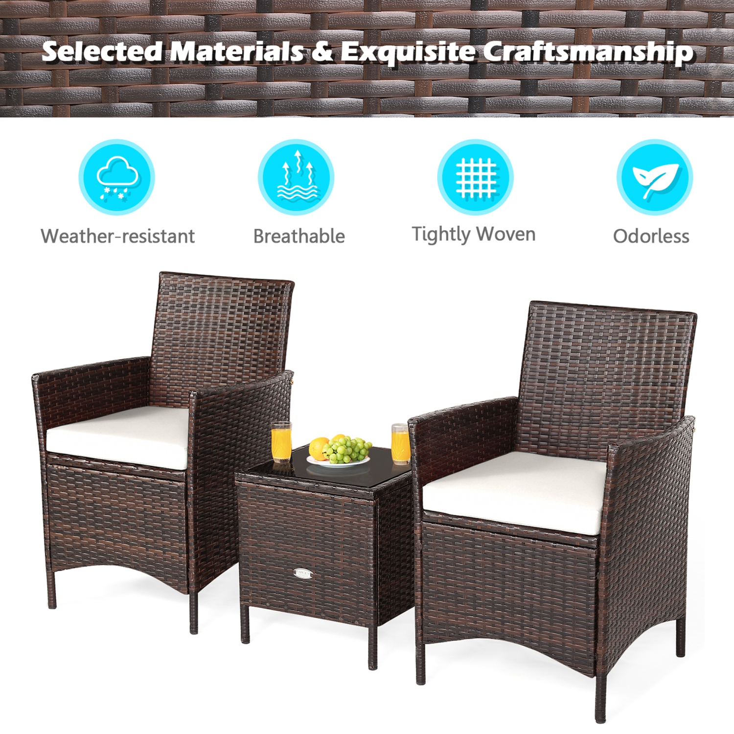 Gymax 3PCS Outdoor Rattan Conversation Set Patio Furniture Set w/ White Cushions