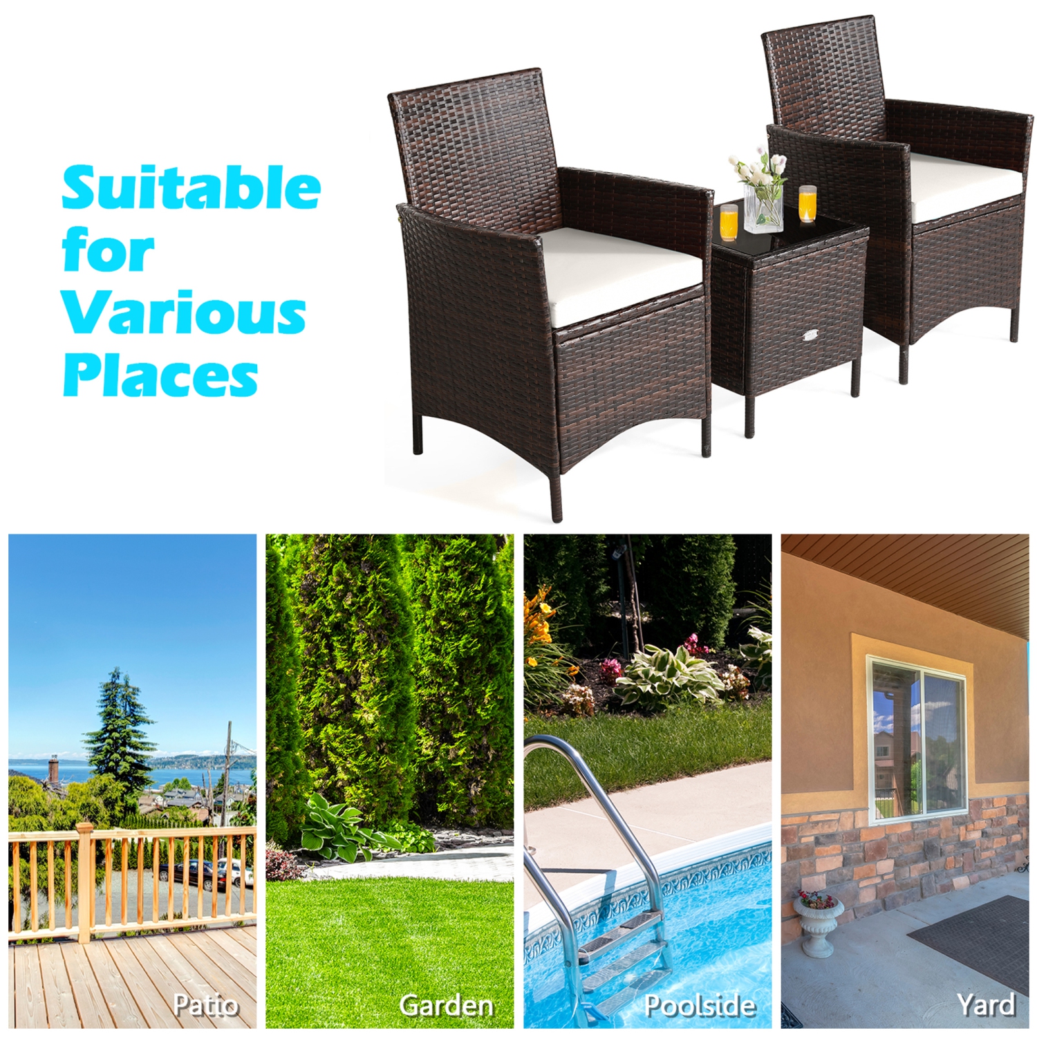 Gymax 3PCS Outdoor Rattan Conversation Set Patio Furniture Set w/ White Cushions