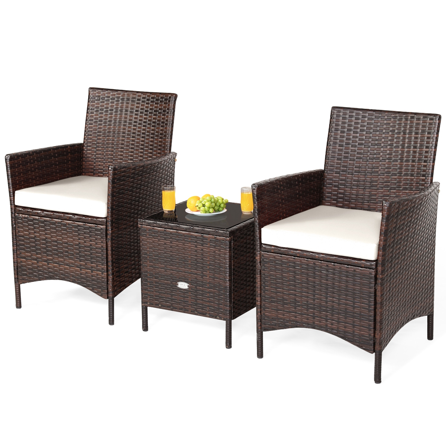 Gymax 3PCS Outdoor Rattan Conversation Set Patio Furniture Set w/ White Cushions