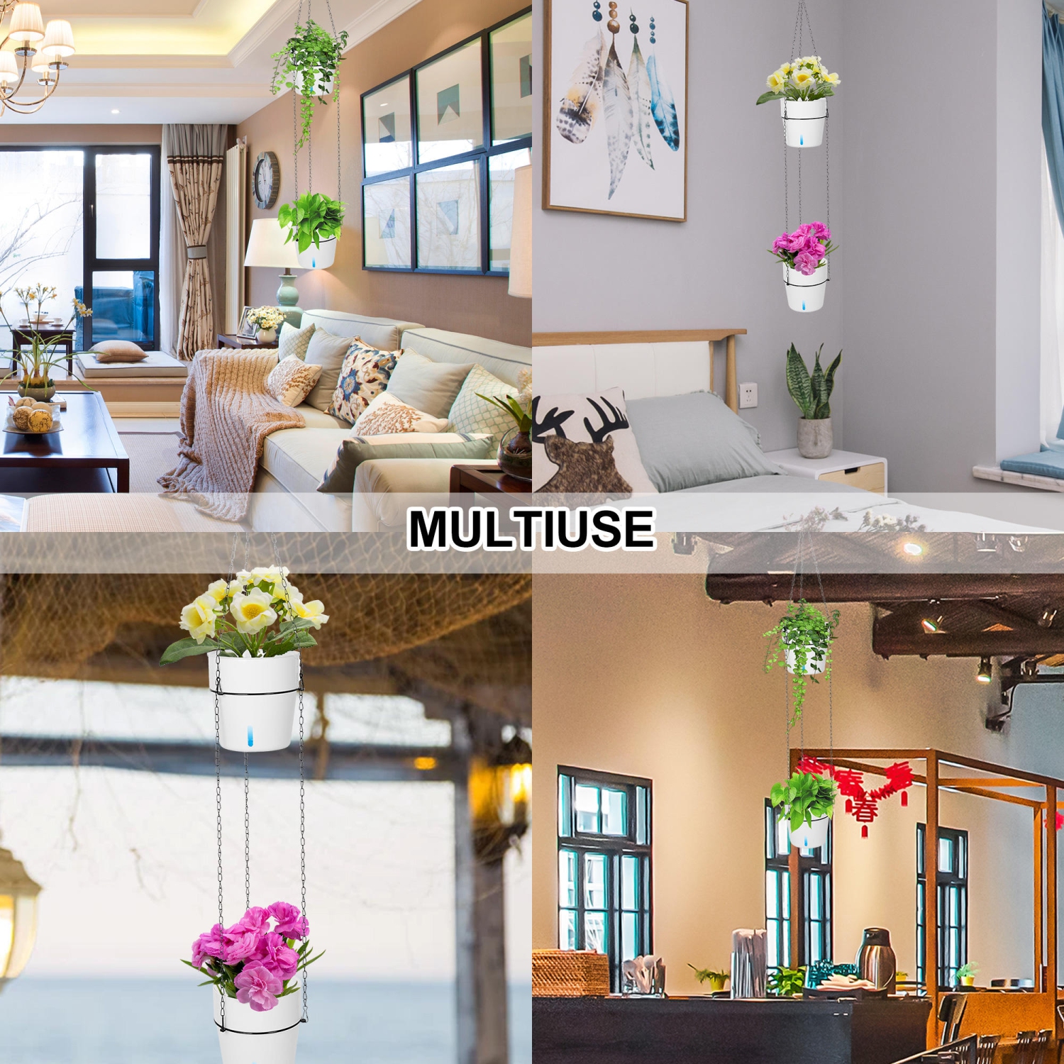 2-Tiered Outdoor Indoor Self Watering Hanging Planter with Drainer and Chain for Plants Flowers Herbs Planters