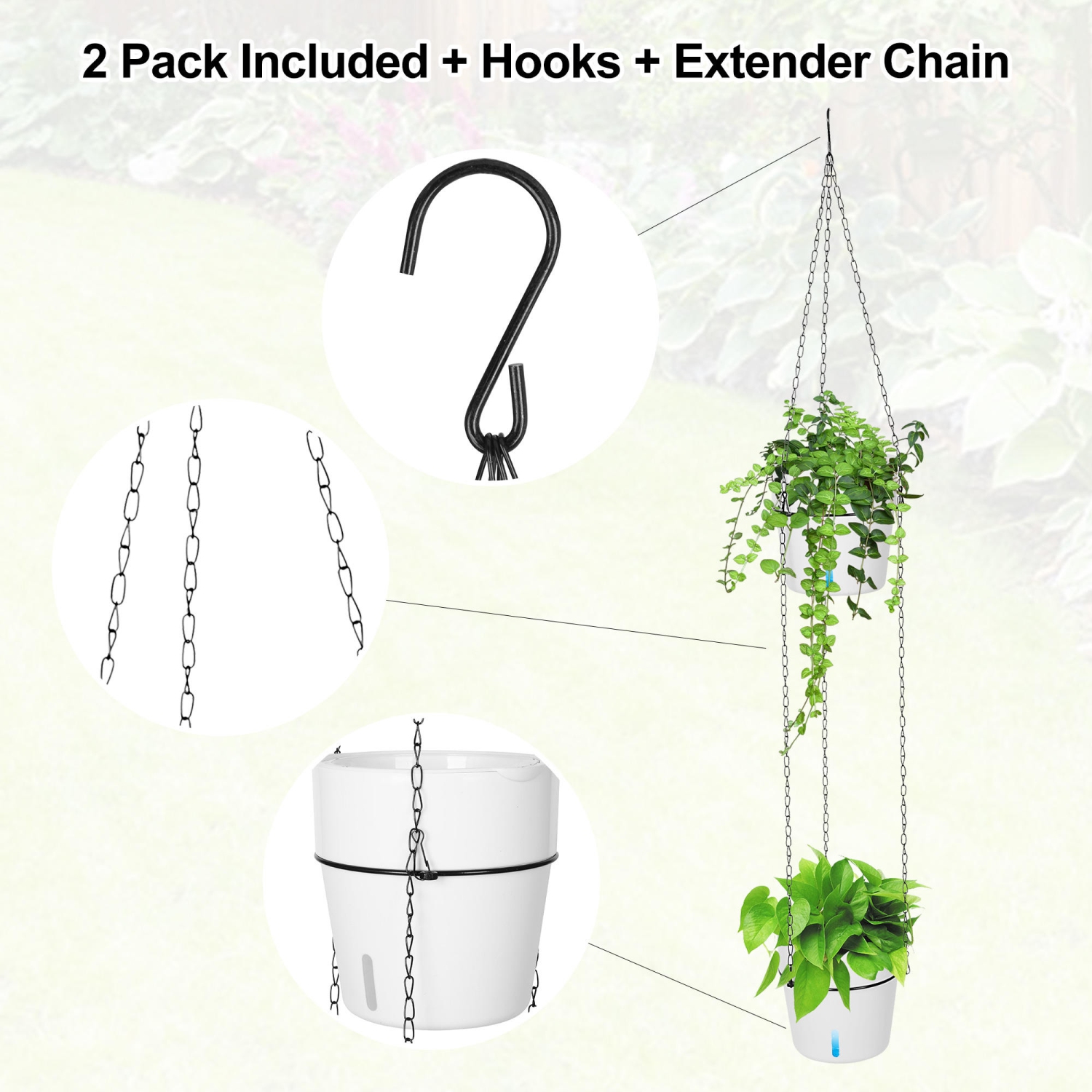 2-Tiered Outdoor Indoor Self Watering Hanging Planter with Drainer and Chain for Plants Flowers Herbs Planters