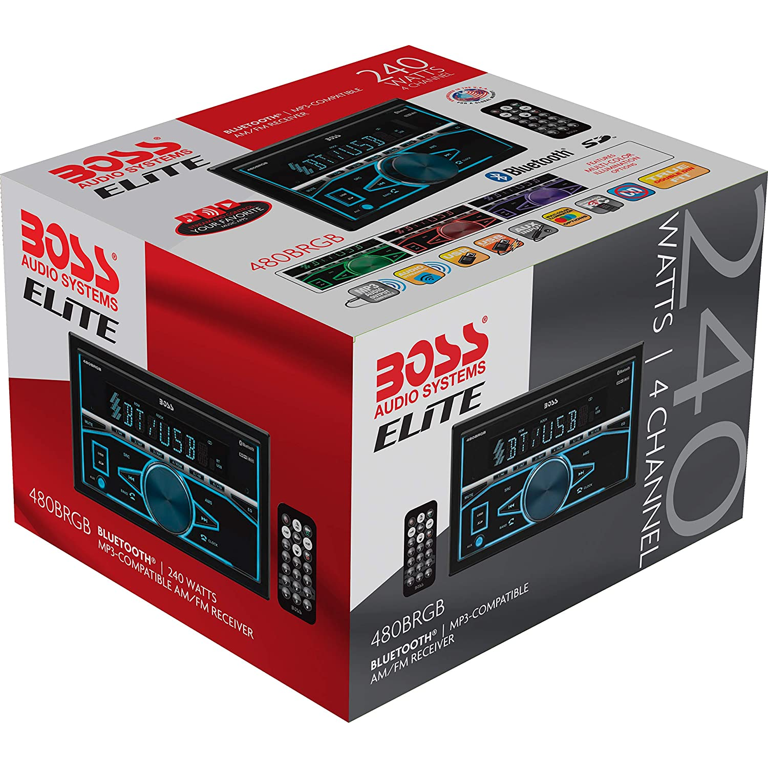 BOSS Audio Elite 480BRGB double DIN, Bluetooth, récepteur AM/FM MP3 USB, éclairage RVB multicolore, télécommande sans fil
