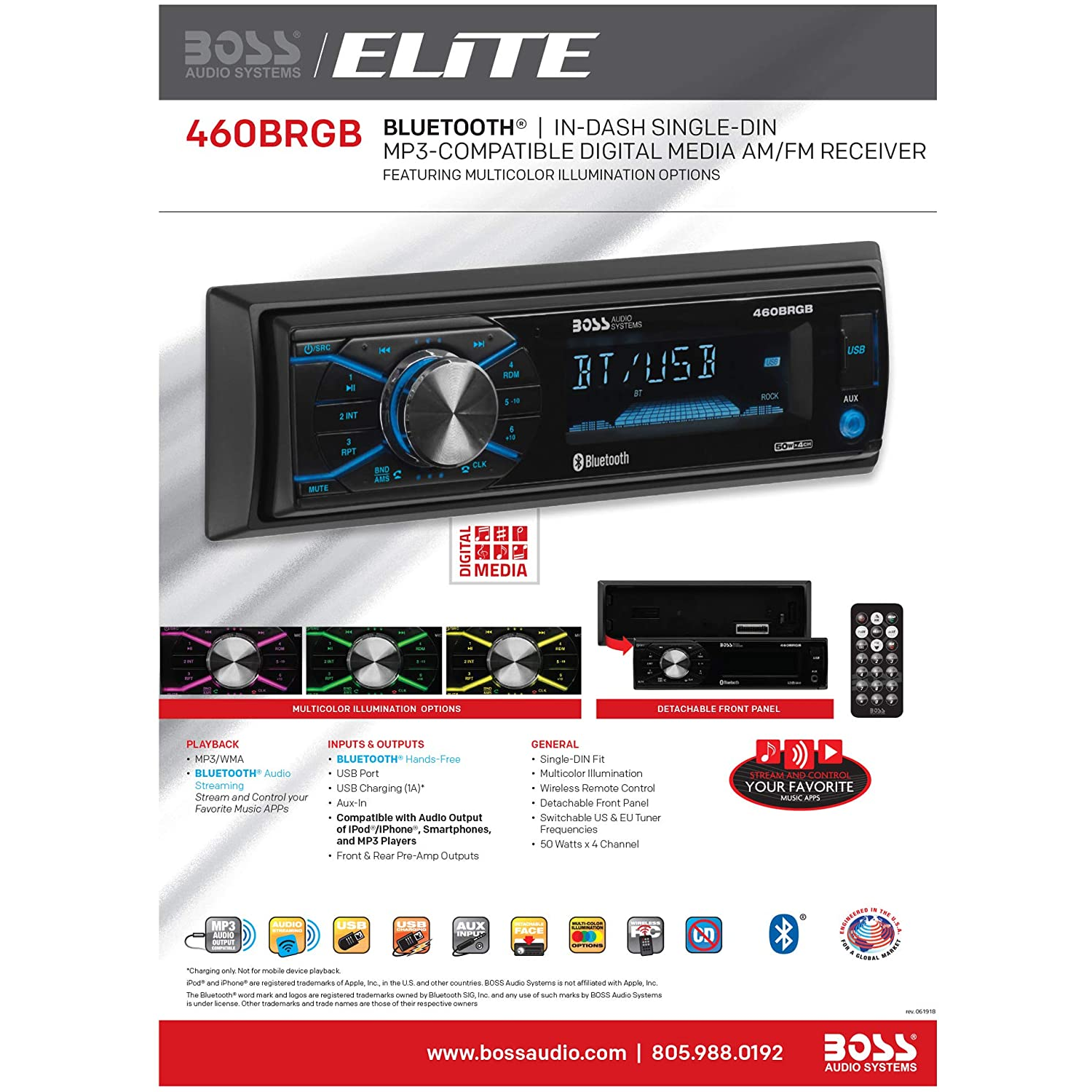 BOSS Audio Systems – système audio multimédia 460BRGB pour l’auto – simple DIN, MP3, port USB, pas de lecteur de CD, entrée auxiliaire, récepteur