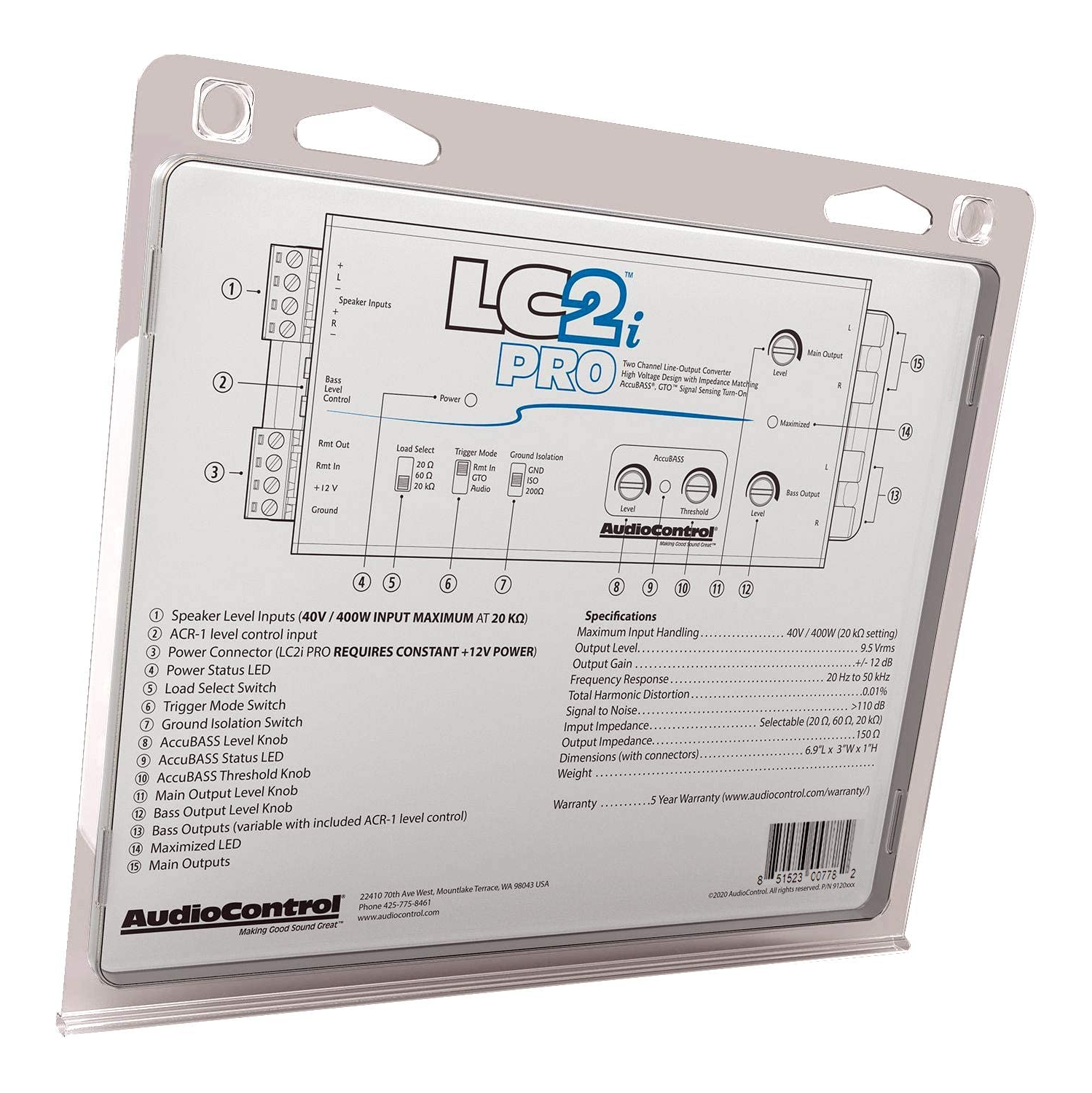 AudioControl LC2i PRO 2-Channel Line Output Converter with Impedance Matching, AccuBASS, GTO, Audio Signal Sense, 12V Turn-On and ACR-1 Dash Remote