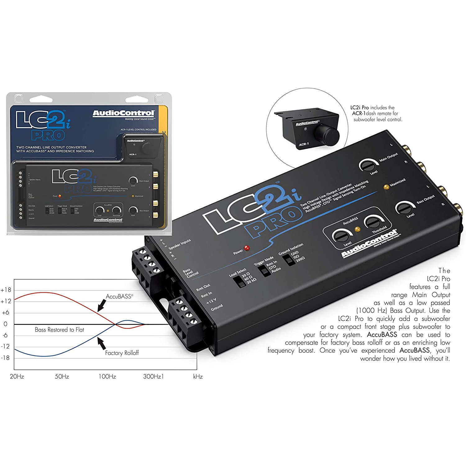 AudioControl LC2i PRO 2-Channel Line Output Converter with Impedance Matching, AccuBASS, GTO, Audio Signal Sense, 12V Turn-On and ACR-1 Dash Remote