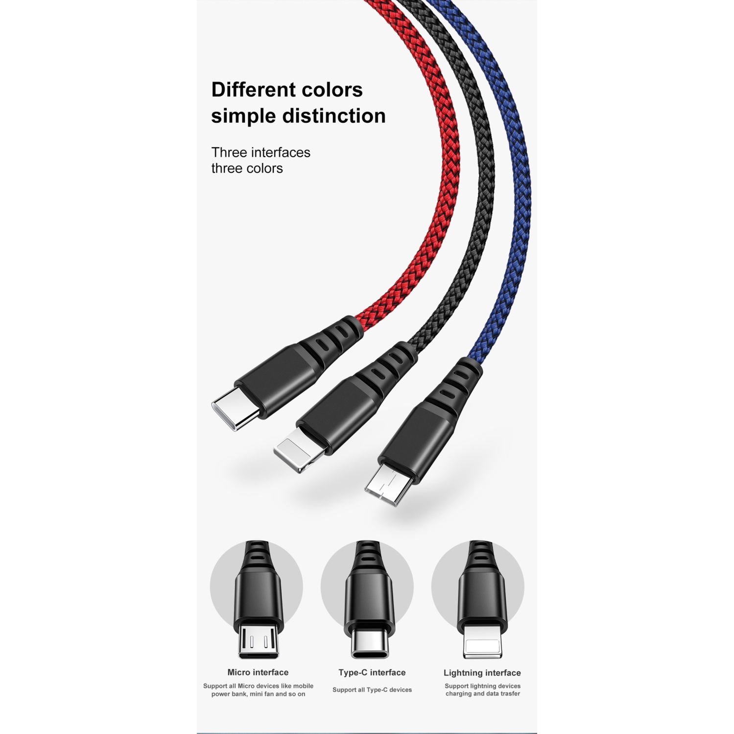 3 IN 1 Mcdodo Multi-Charging Cable Lightning+Micro USB+Type-C Ports Nylon Braided Universal Multiple USB LED Charging Cord for All Cell Phones Tablets