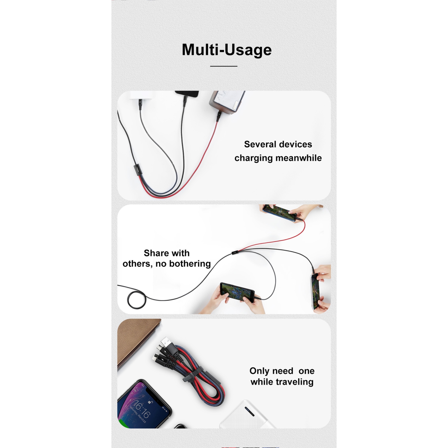 3 IN 1 Mcdodo Multi-Charging Cable Lightning+Micro USB+Type-C Ports Nylon Braided Universal Multiple USB LED Charging Cord for All Cell Phones Tablets