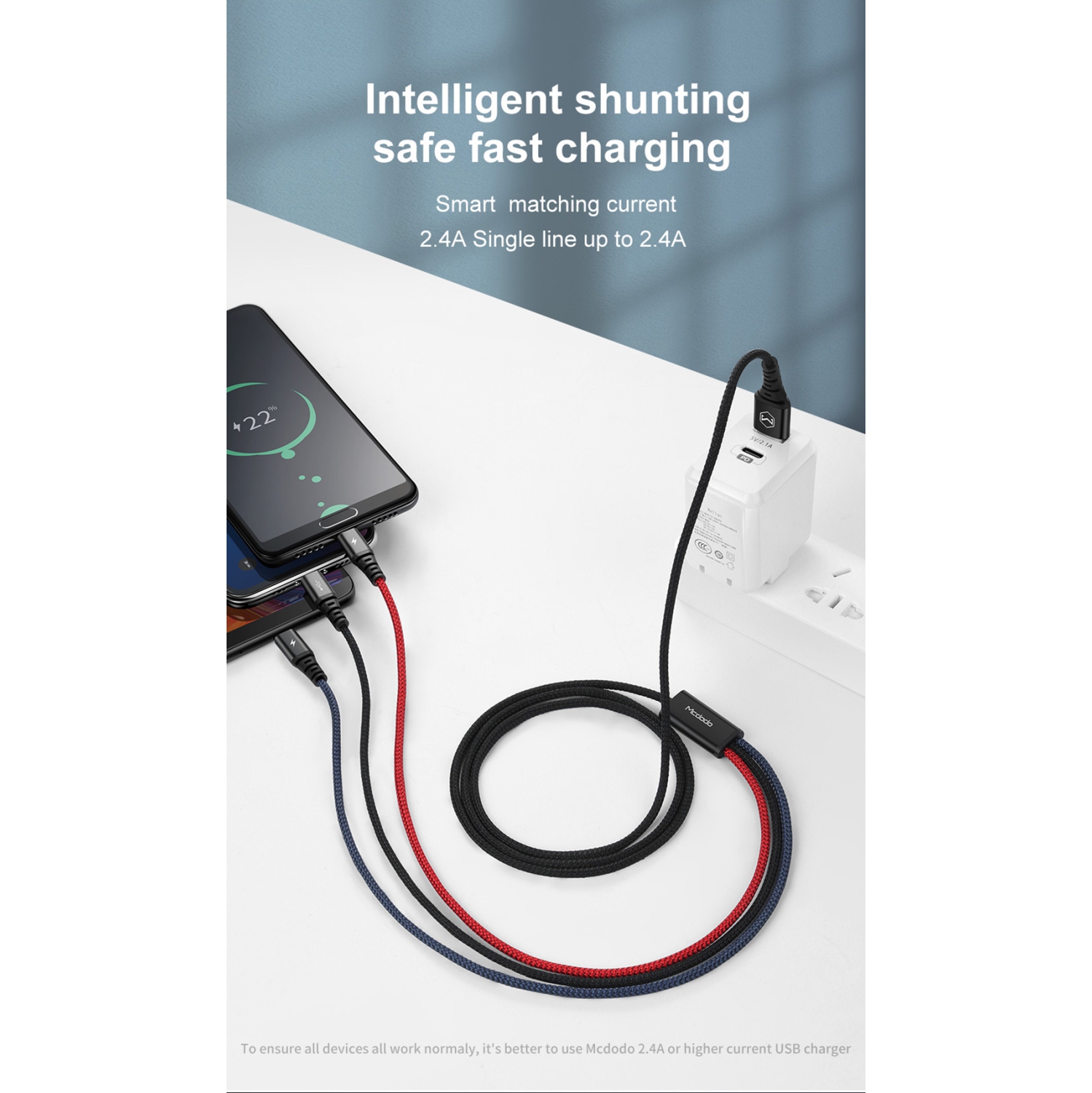 3 IN 1 Mcdodo Multi-Charging Cable Lightning+Micro USB+Type-C Ports Nylon Braided Universal Multiple USB LED Charging Cord for All Cell Phones Tablets