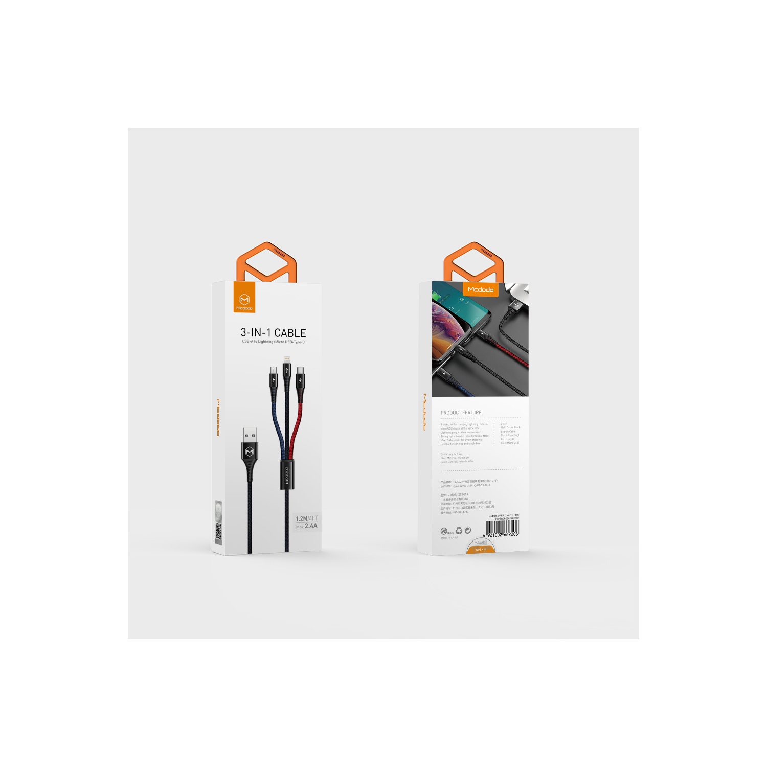 3 IN 1 Mcdodo Multi-Charging Cable Lightning+Micro USB+Type-C Ports Nylon Braided Universal Multiple USB LED Charging Cord for All Cell Phones Tablets