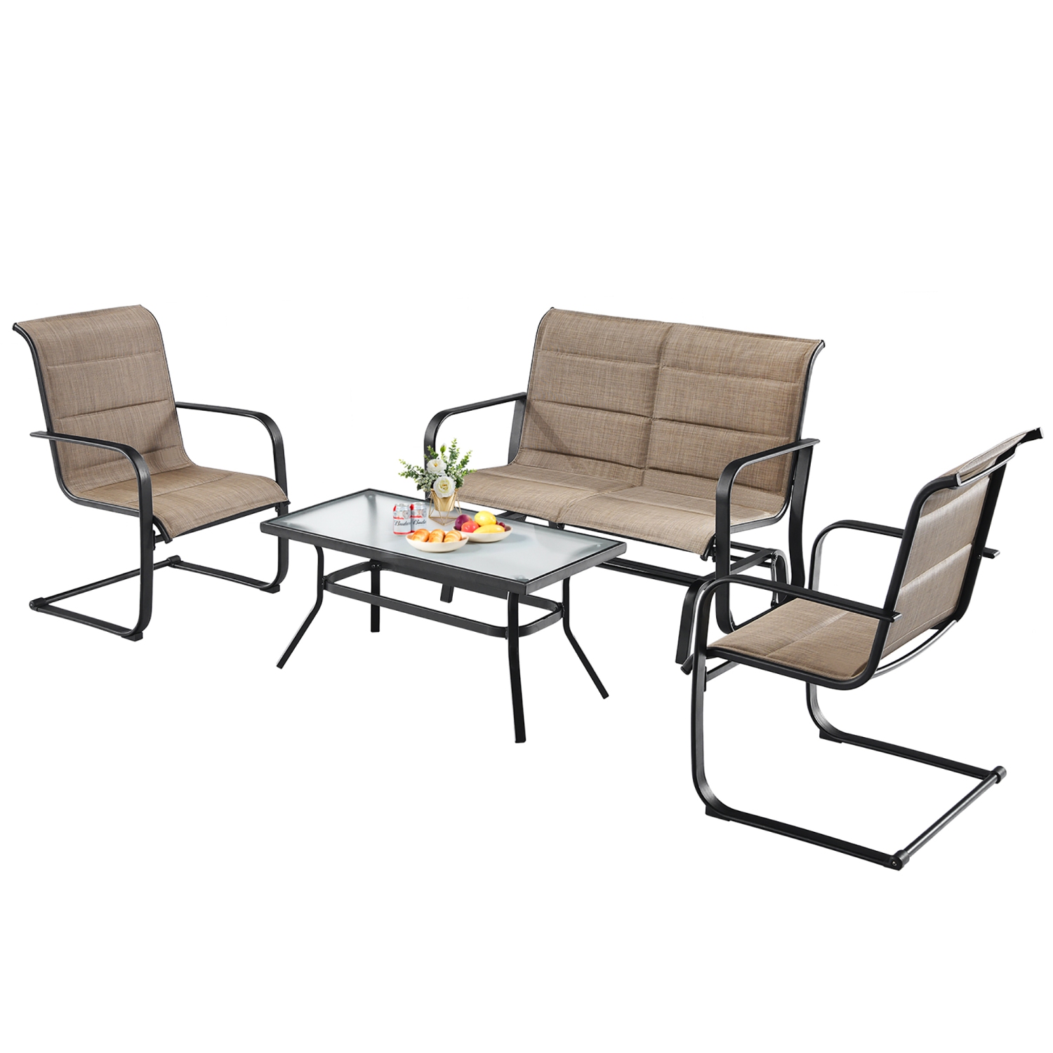 Costway 4 PCS Outdoor Patio Furniture Set Padded Chairs Glider Loveseat Coffee Table