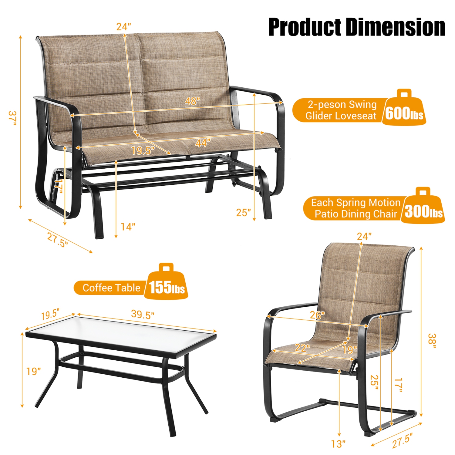 Costway 4 PCS Outdoor Patio Furniture Set Padded Chairs Glider Loveseat Coffee Table