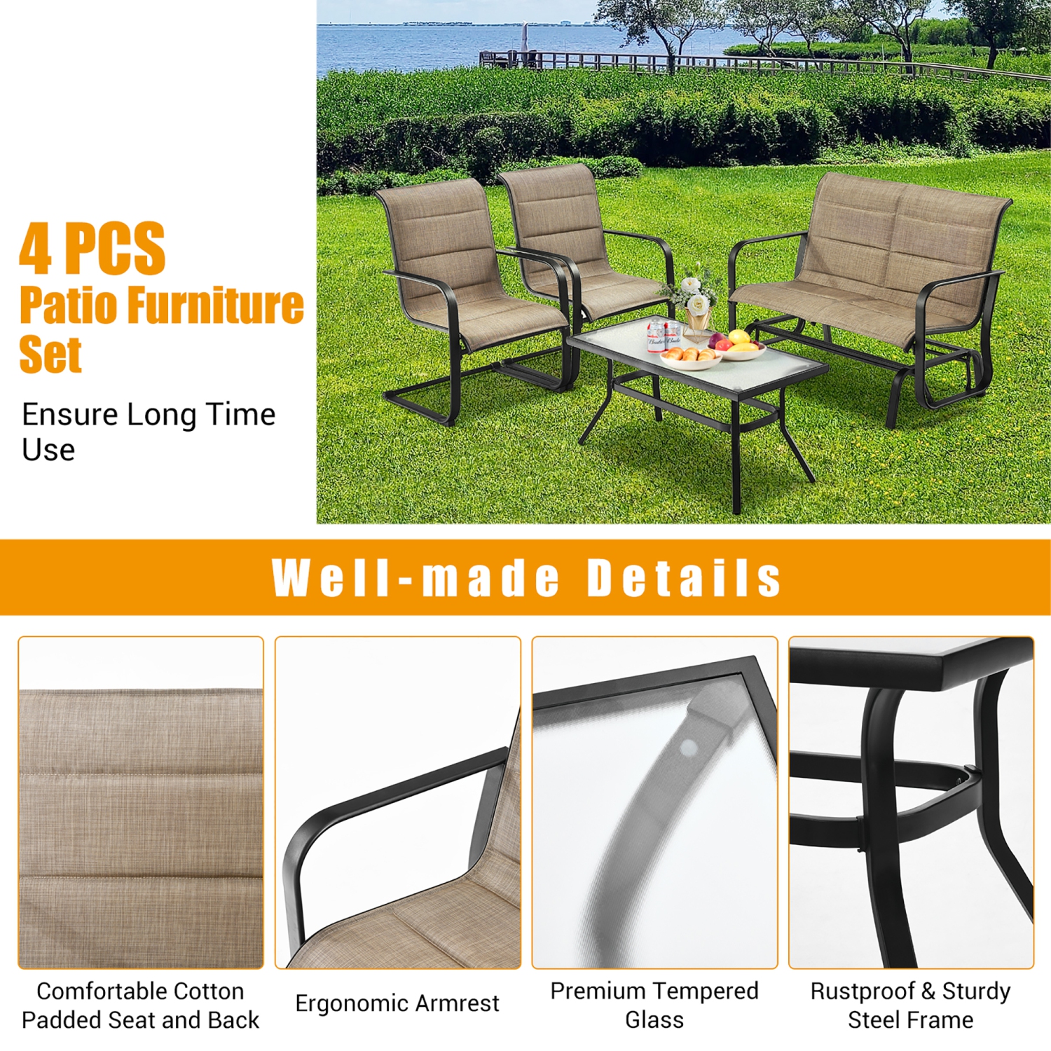 Costway 4 PCS Outdoor Patio Furniture Set Padded Chairs Glider Loveseat Coffee Table