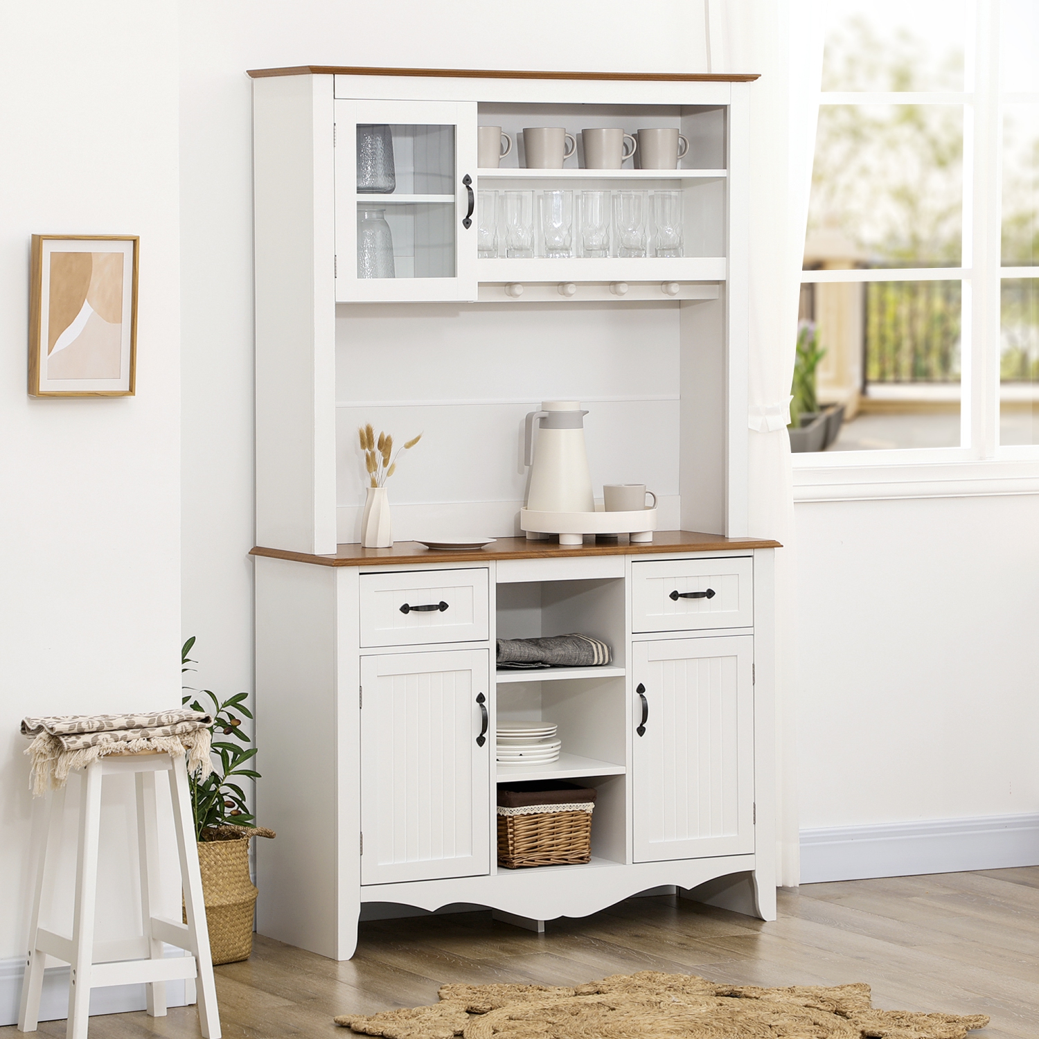 HOMCOM Buffet de cuisine de 71 po avec huche, armoire de rangement de style fermier avec tiroir utilitaire, armoires à 3 portes et étagères à 5