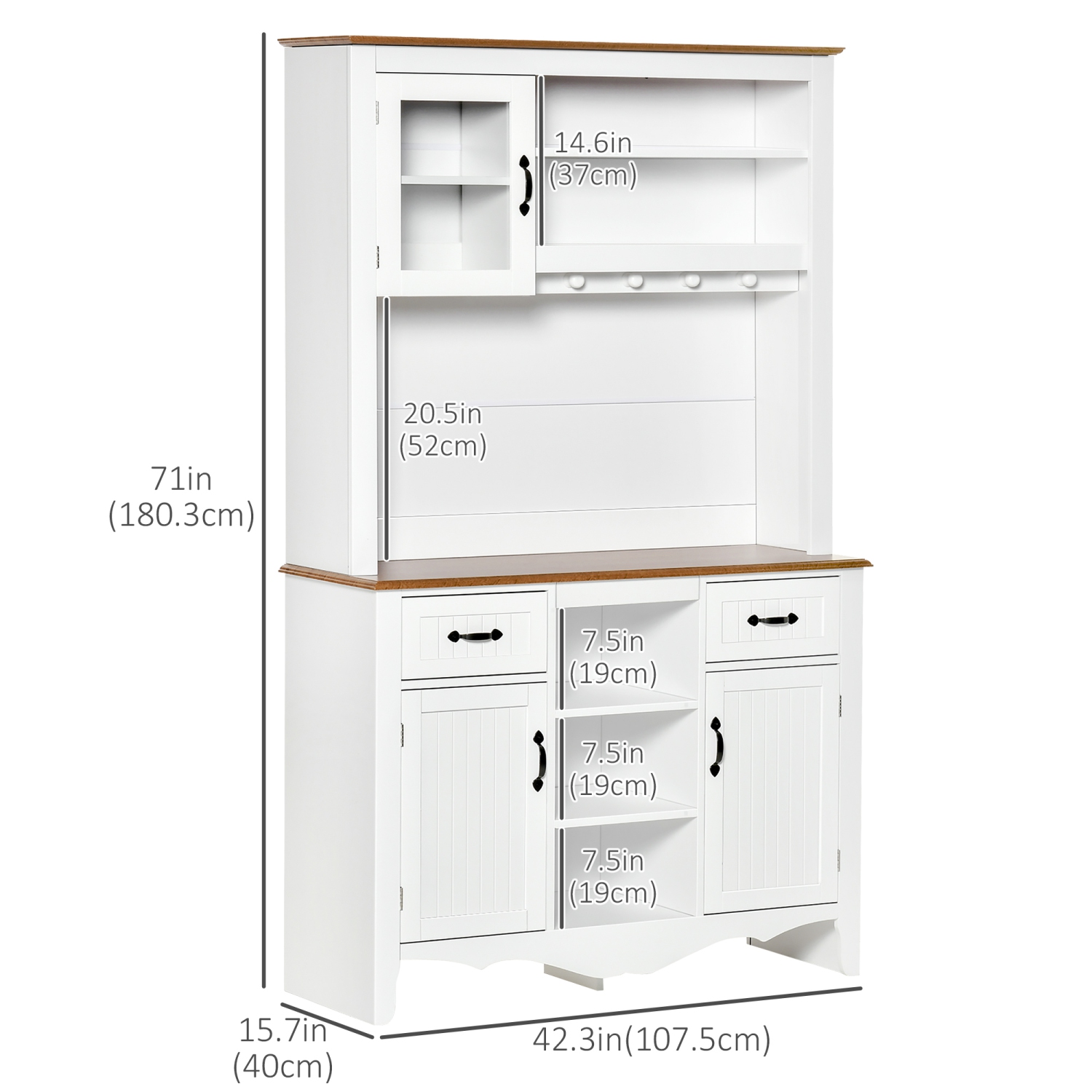 HOMCOM Buffet de cuisine de 71 po avec huche, armoire de rangement de style fermier avec tiroir utilitaire, armoires à 3 portes et étagères à 5