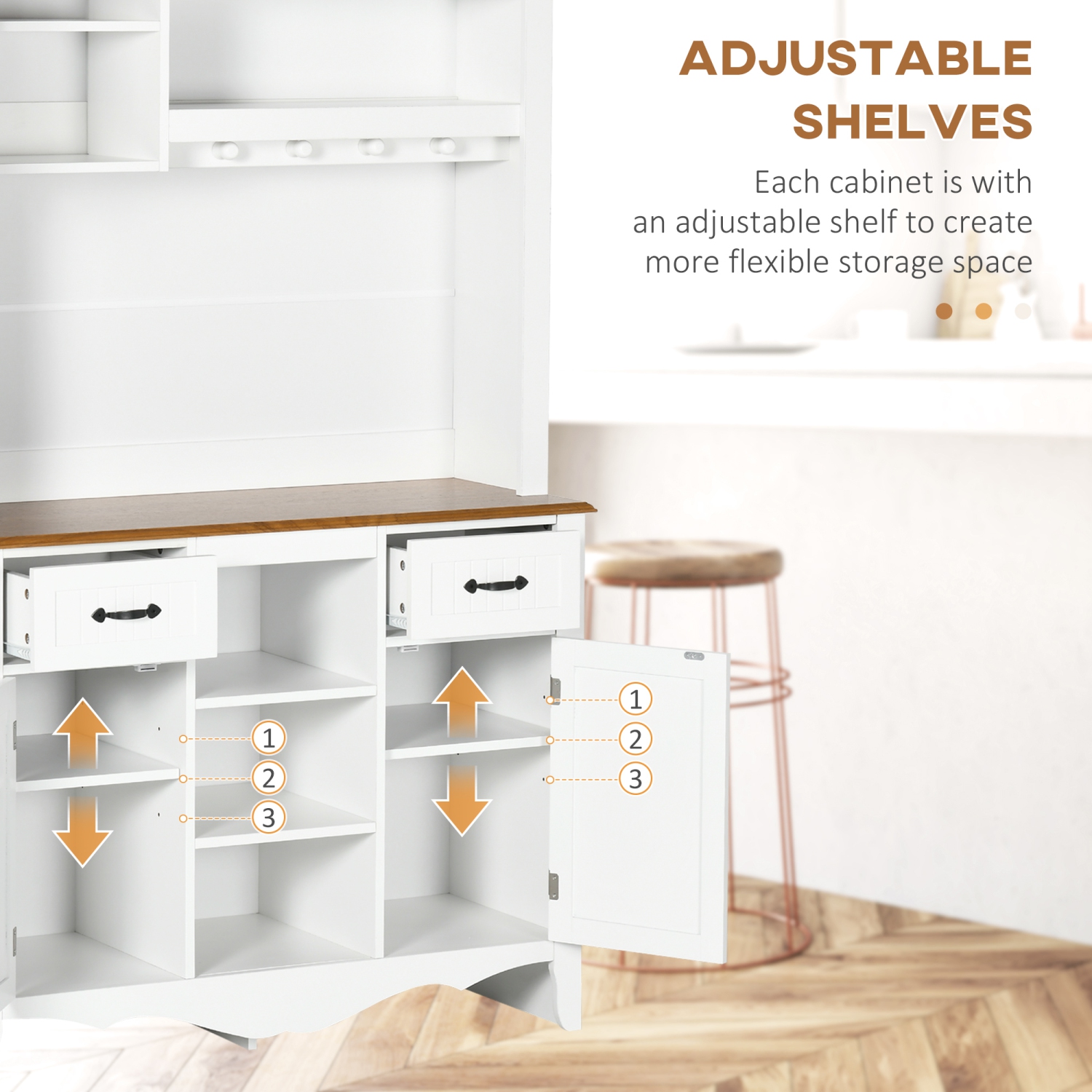 HOMCOM Buffet de cuisine de 71 po avec huche, armoire de rangement de style fermier avec tiroir utilitaire, armoires à 3 portes et étagères à 5