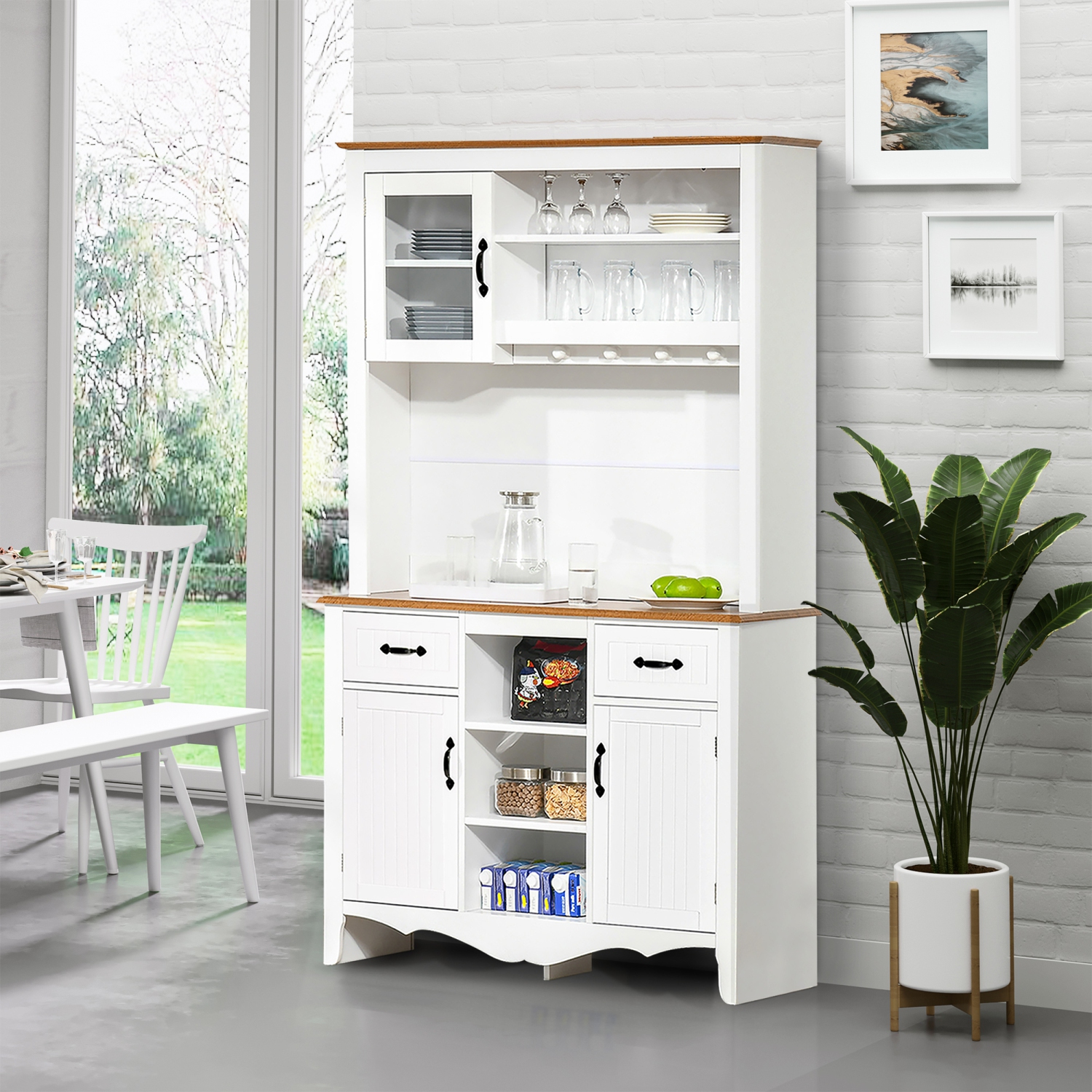 HOMCOM Buffet de cuisine de 71 po avec huche, armoire de rangement de style fermier avec tiroir utilitaire, armoires à 3 portes et étagères à 5