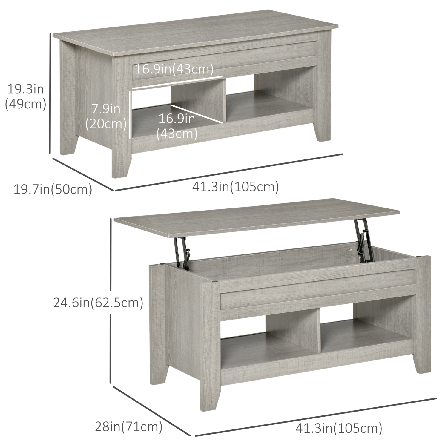 HOMCOM Lift Top Coffee Table with Hidden Storage Compartment and Open Shelves, Lift Tabletop Pop-Up Center Table for Living Room, Light Grey