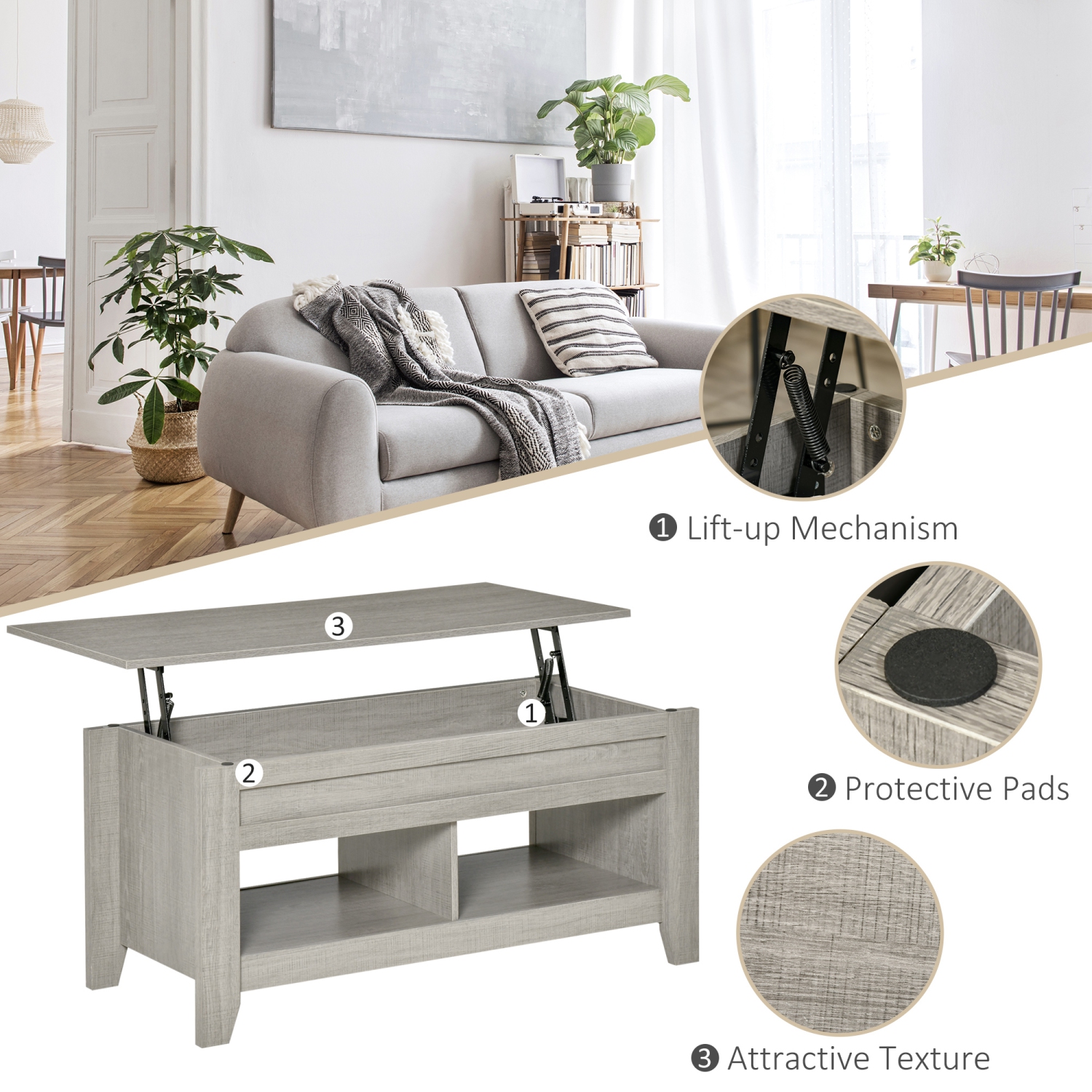 HOMCOM Lift Top Coffee Table with Hidden Storage Compartment and Open Shelves, Lift Tabletop Pop-Up Center Table for Living Room, Light Grey