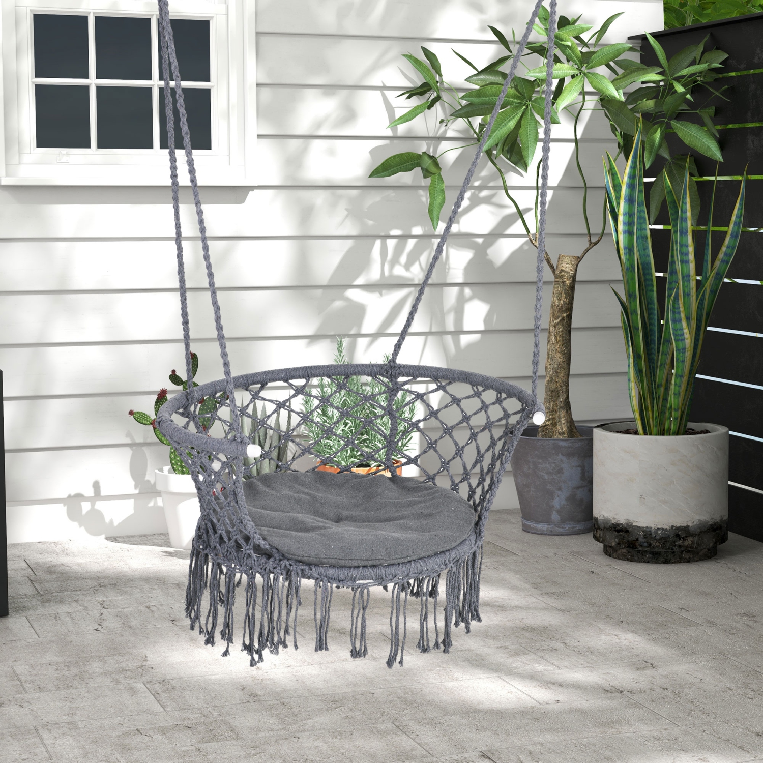 Outsunny Hanging Hammock Chair, Cotton Rope Porch Hammock Swing with Metal Frame and Cushion, Large Macrame Seat for Patio, Garden, Bedroom, Living