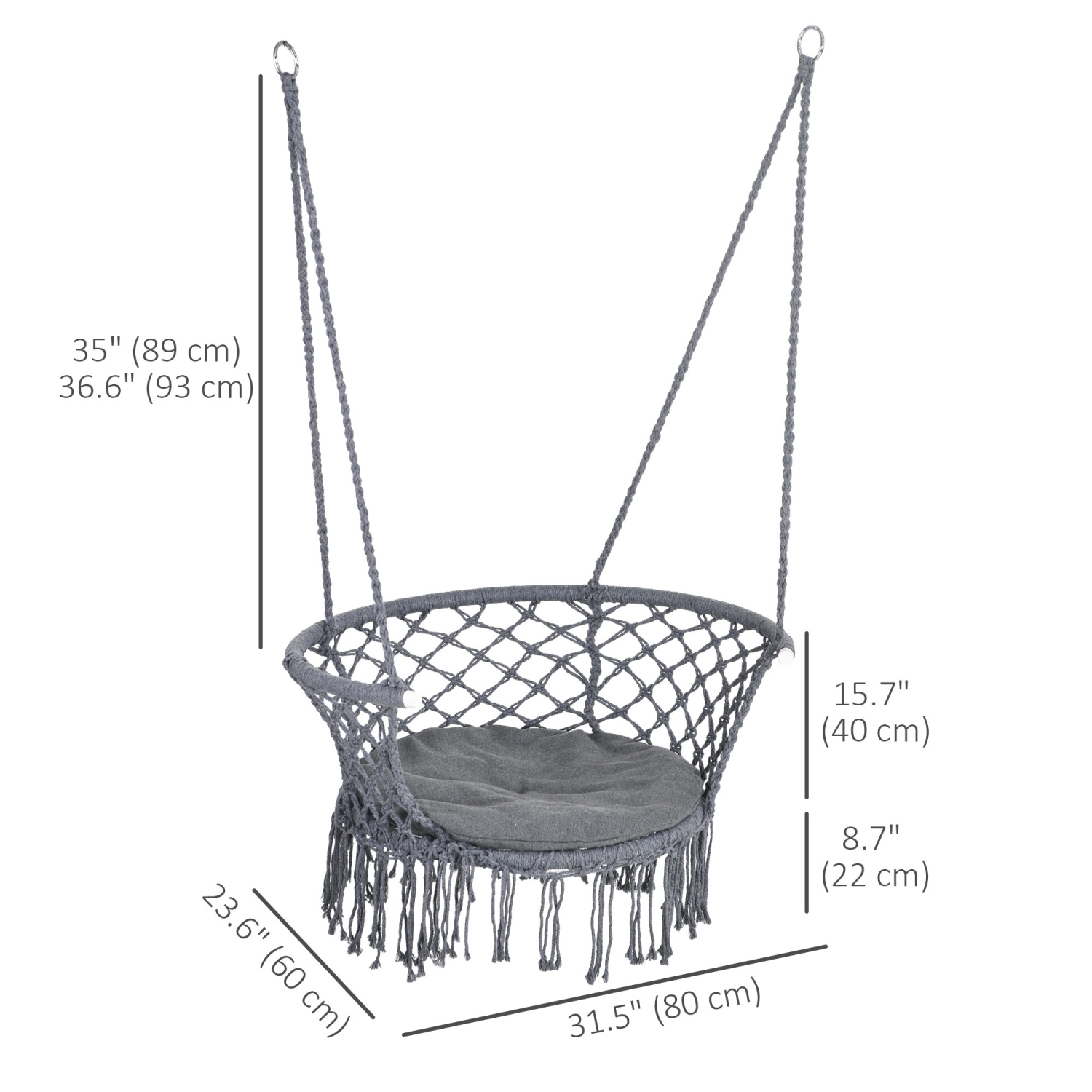 Outsunny Hanging Hammock Chair, Cotton Rope Porch Hammock Swing with Metal Frame and Cushion, Large Macrame Seat for Patio, Garden, Bedroom, Living