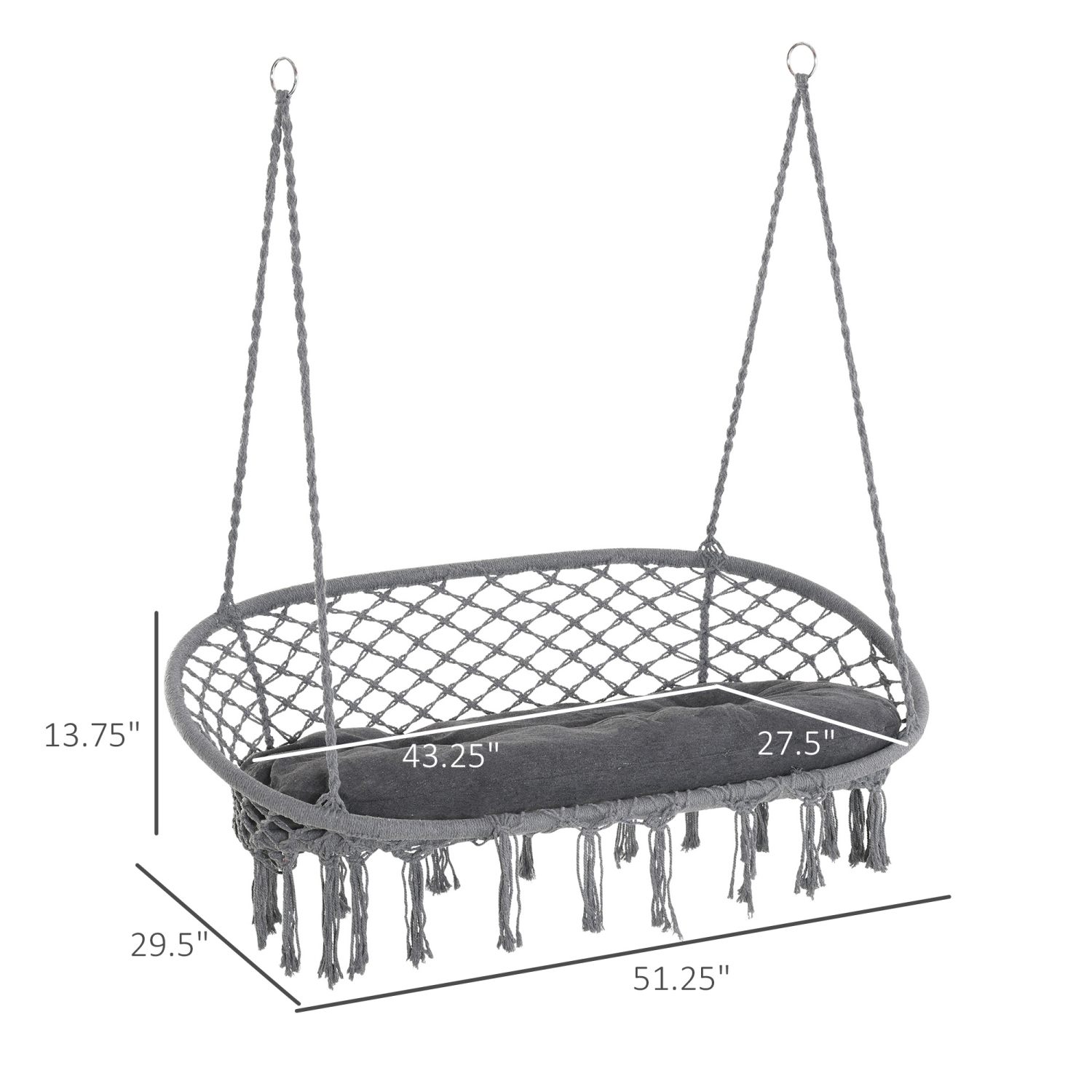 Outsunny Patio Hammock Chair 2 Seat, Hanging Rope Hammock Swing Chair with Metal Frame and Cushion, Large Macrame Seat for Indoor and Outdoor 396 lbs