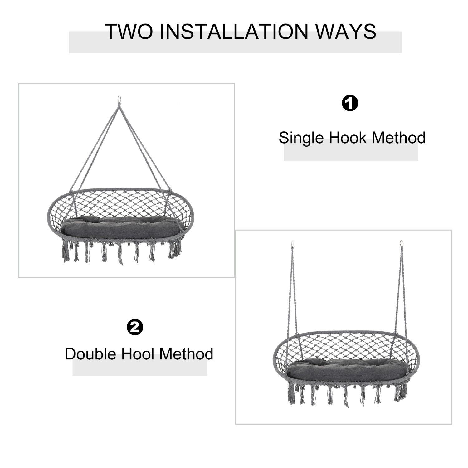 Outsunny Patio Hammock Chair 2 Seat, Hanging Rope Hammock Swing Chair with Metal Frame and Cushion, Large Macrame Seat for Indoor and Outdoor 396 lbs