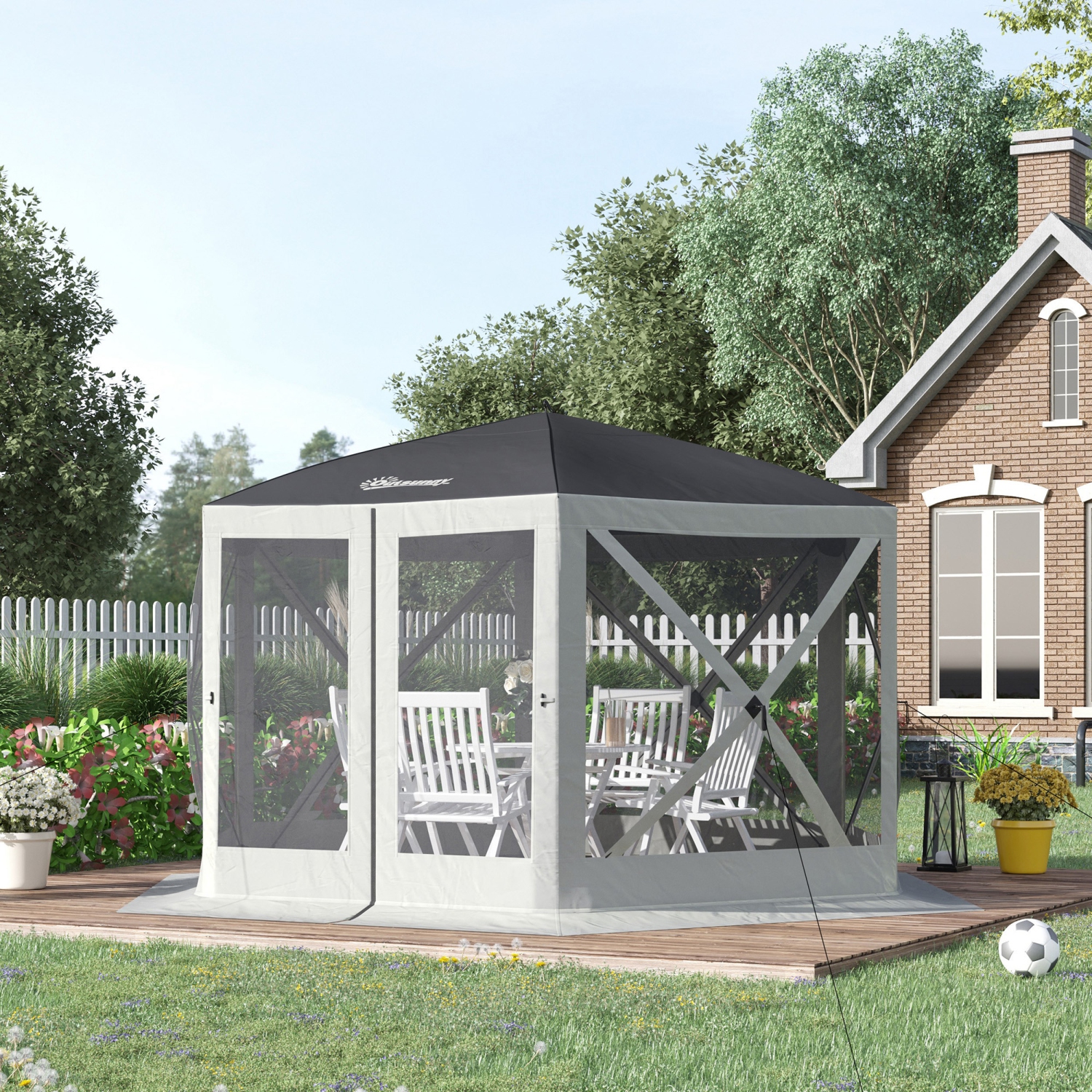 Tente à moustiquaire hexagonale Outsunny de 12 x 12 pi, abri de camping automatique Auvent de pique-nique extérieur avec parois en filet et sac de