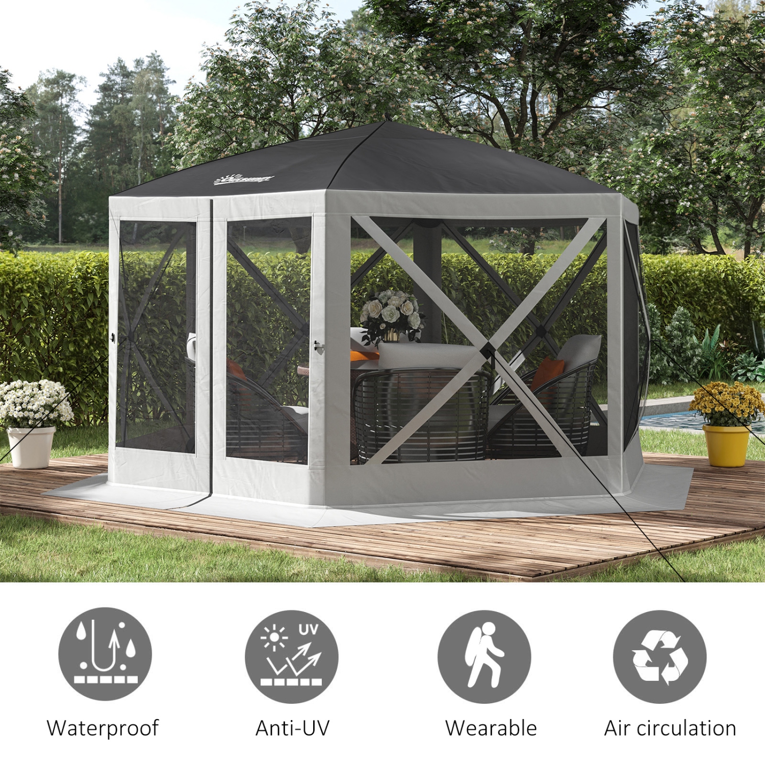 Tente à moustiquaire hexagonale Outsunny de 12 x 12 pi, abri de camping automatique Auvent de pique-nique extérieur avec parois en filet et sac de