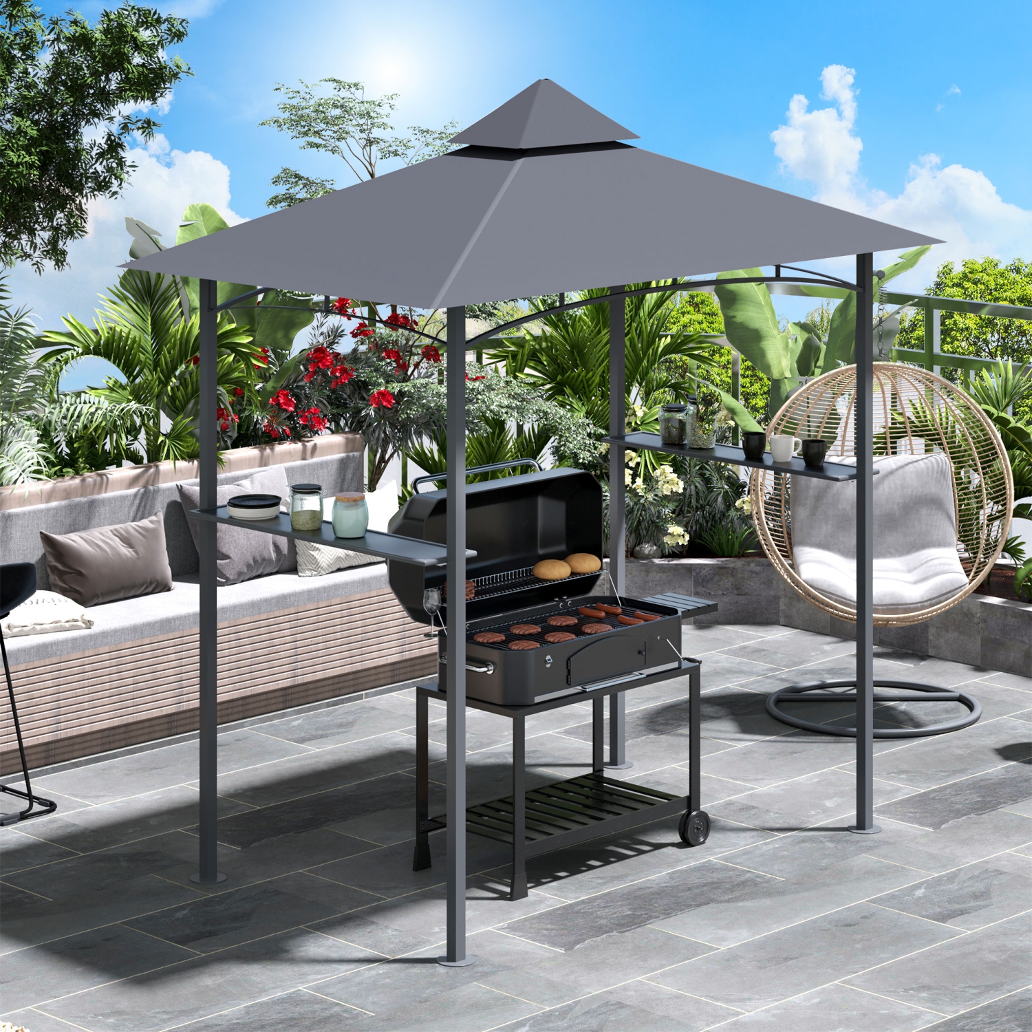 Outsunny 8' x 5' Pavillon de jardin abri barbecue avec double toit auvent extérieur gris