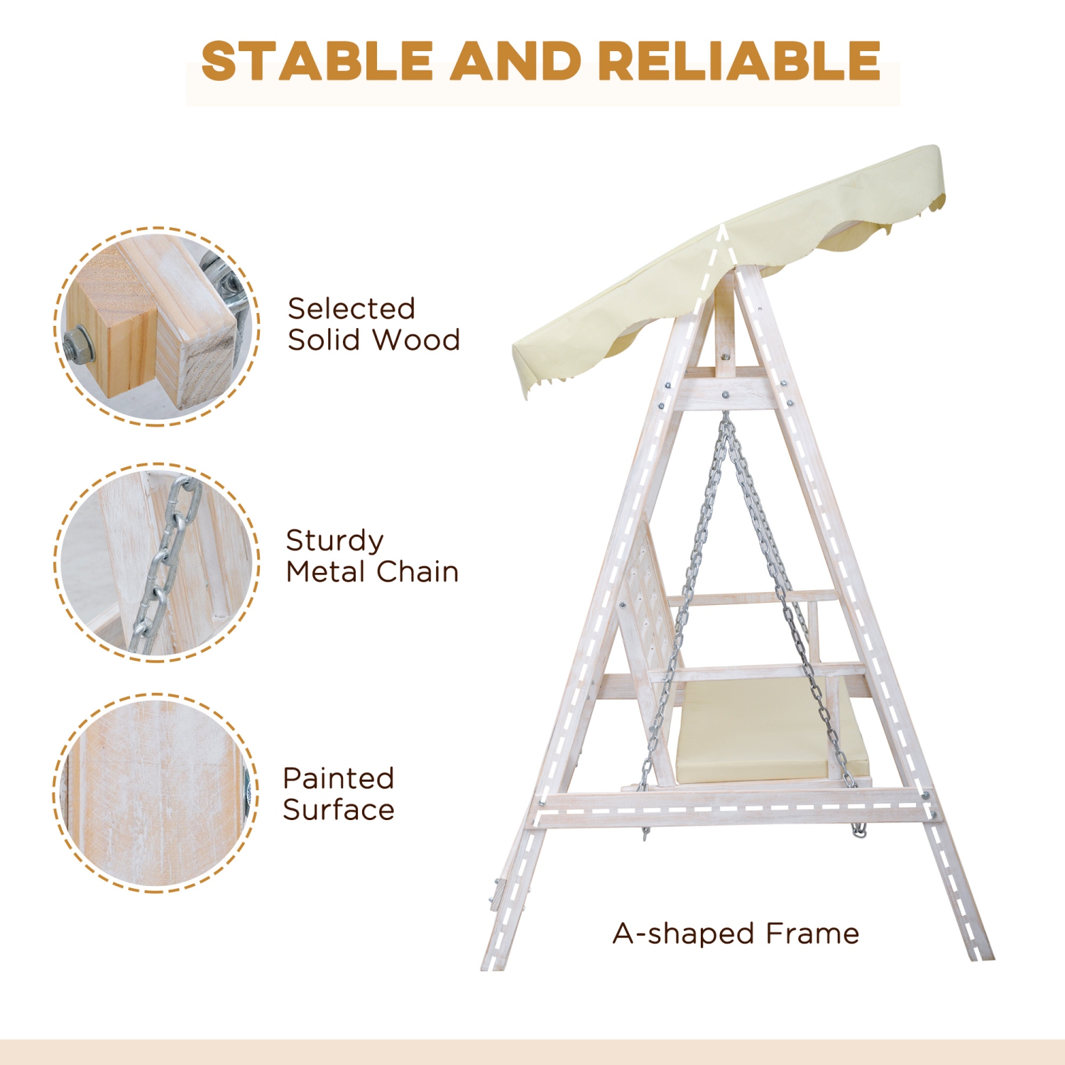 Outsunny 2 Seater Patio Swing with Stand, Canopy and Cushion, Outdoor Swing Chair Wooden Swinging Bench