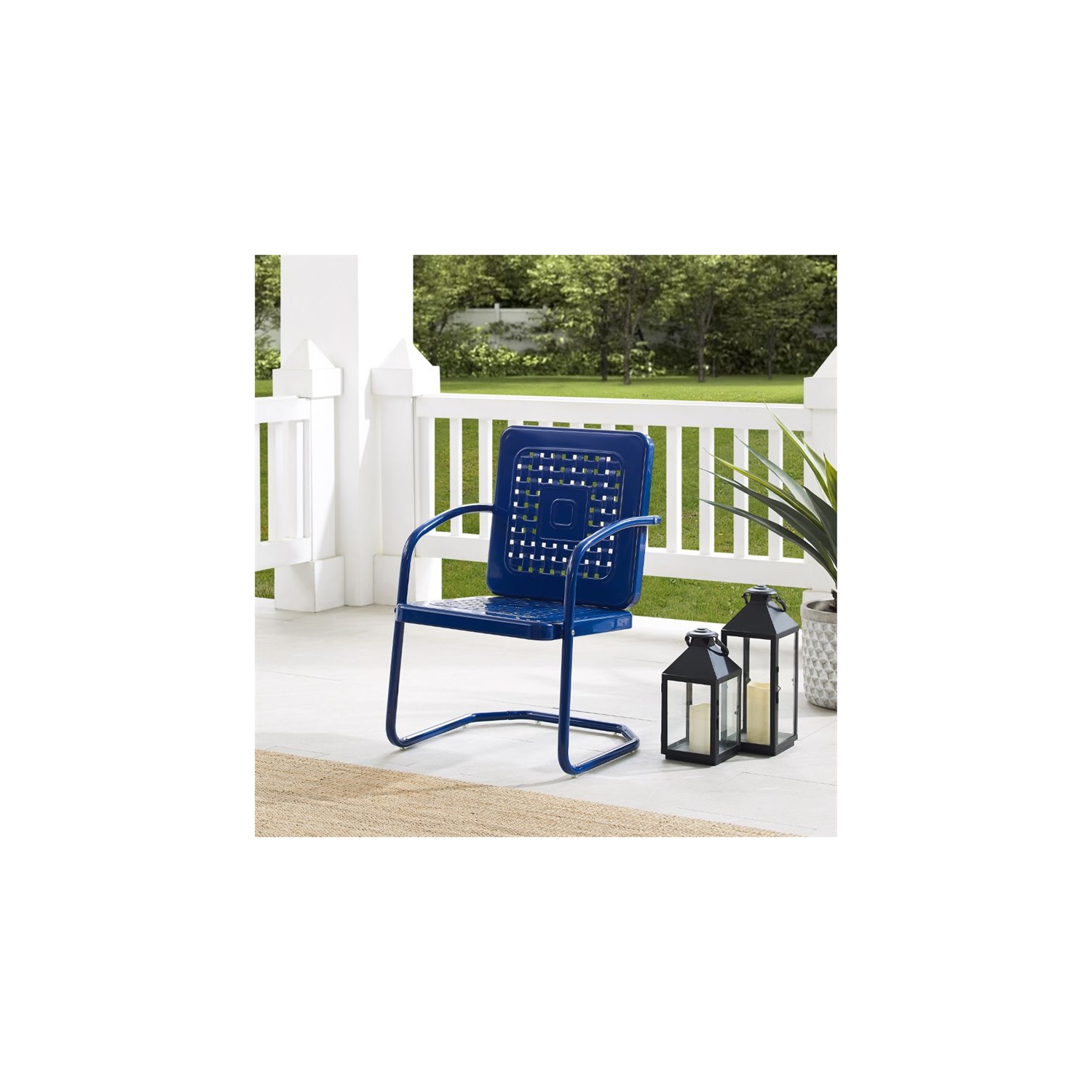 Crosley Furniture Bates Metal Patio Dining Arm Chair in Glossy Navy