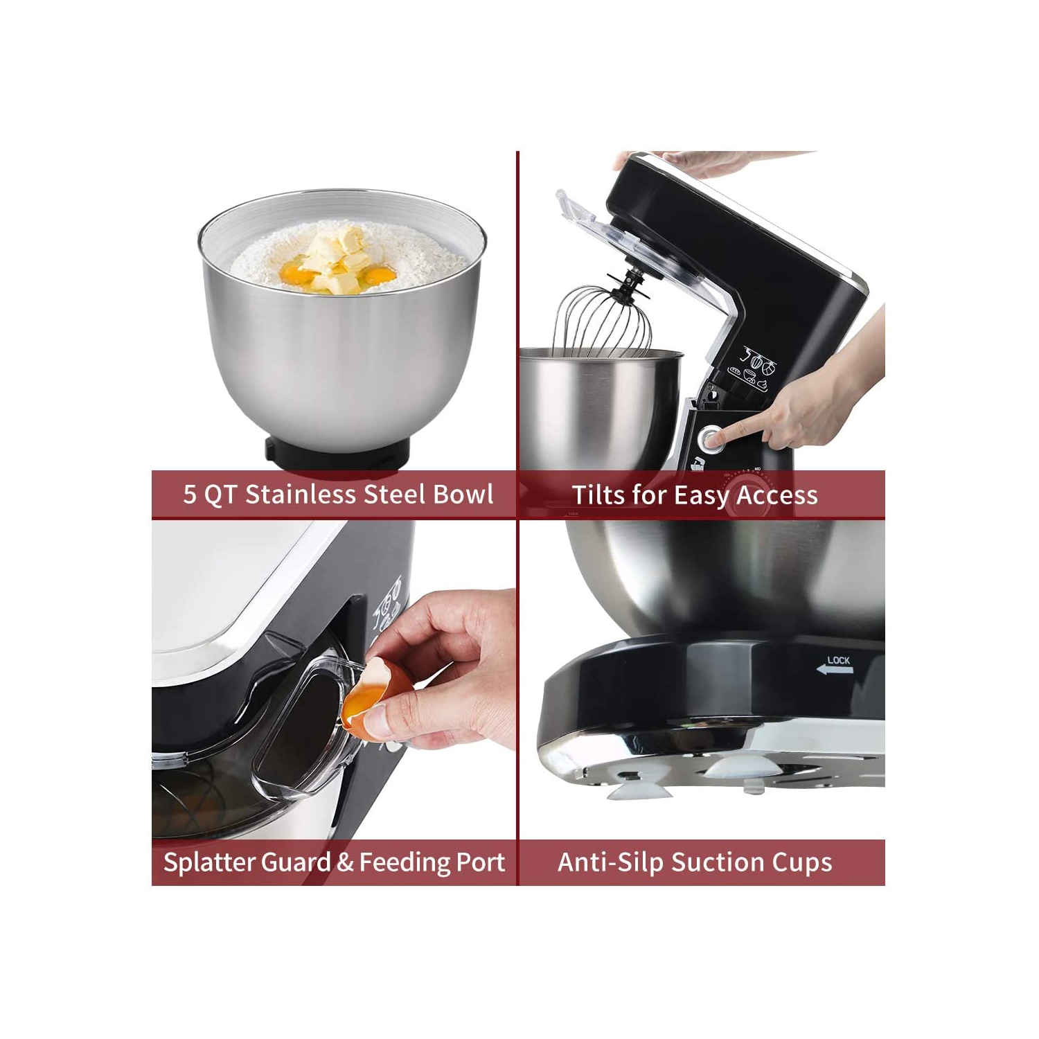 Batteur électrique à tête inclinable batteur à pâte 5 pintes CUSIMAX avec bol en acier inoxydable, crochet pétrisseur, batteur à mélanger et fouet -