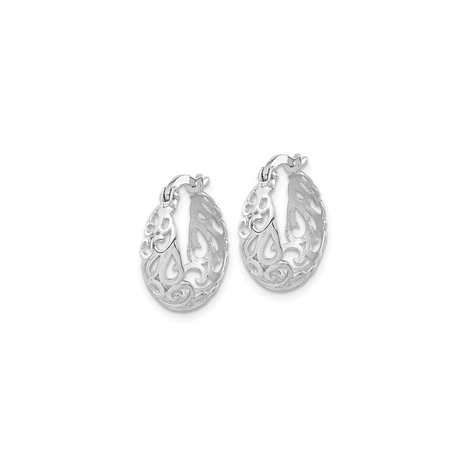 14K White Gold Filigree Polished Hoop Earrings