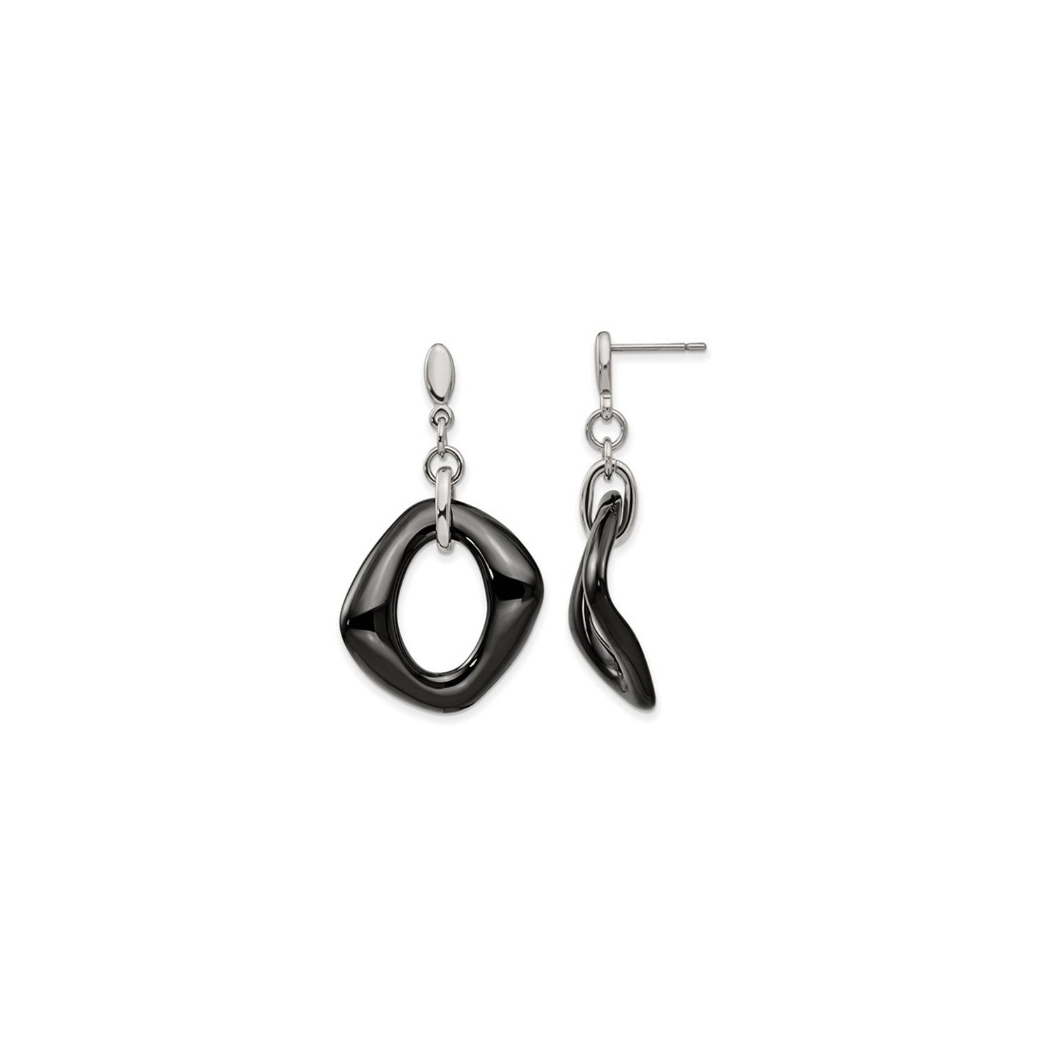 Black Ceramic Dangle Earrings in Stainless Steel