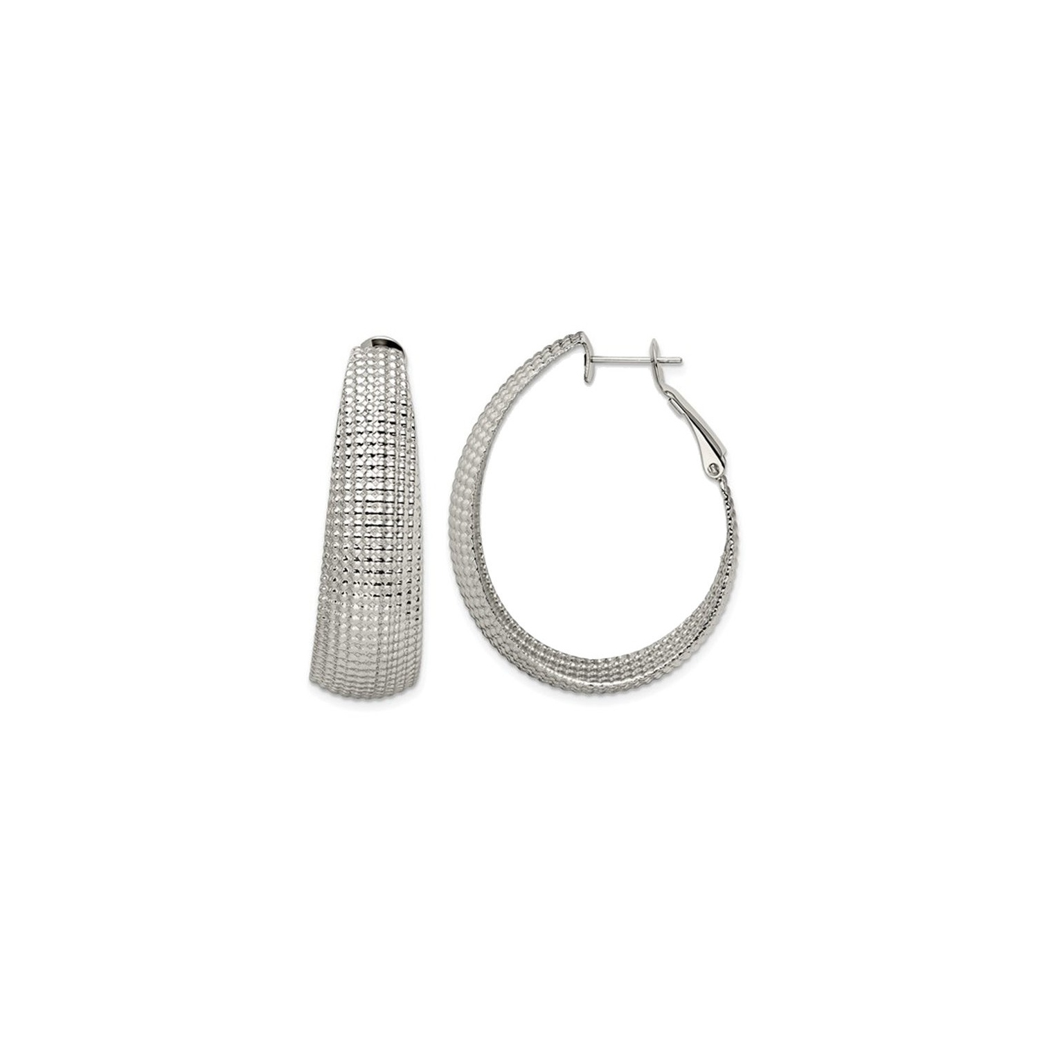 Stainless Steel Textured Oval Omega Hoop Earrings