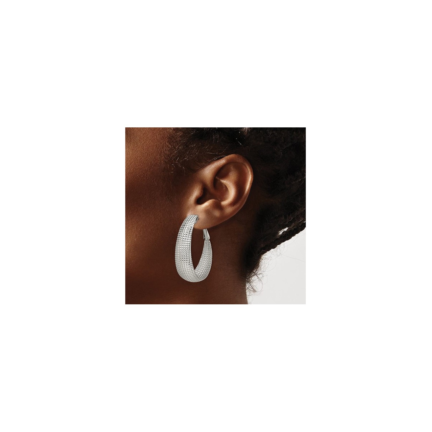 Stainless Steel Textured Oval Omega Hoop Earrings