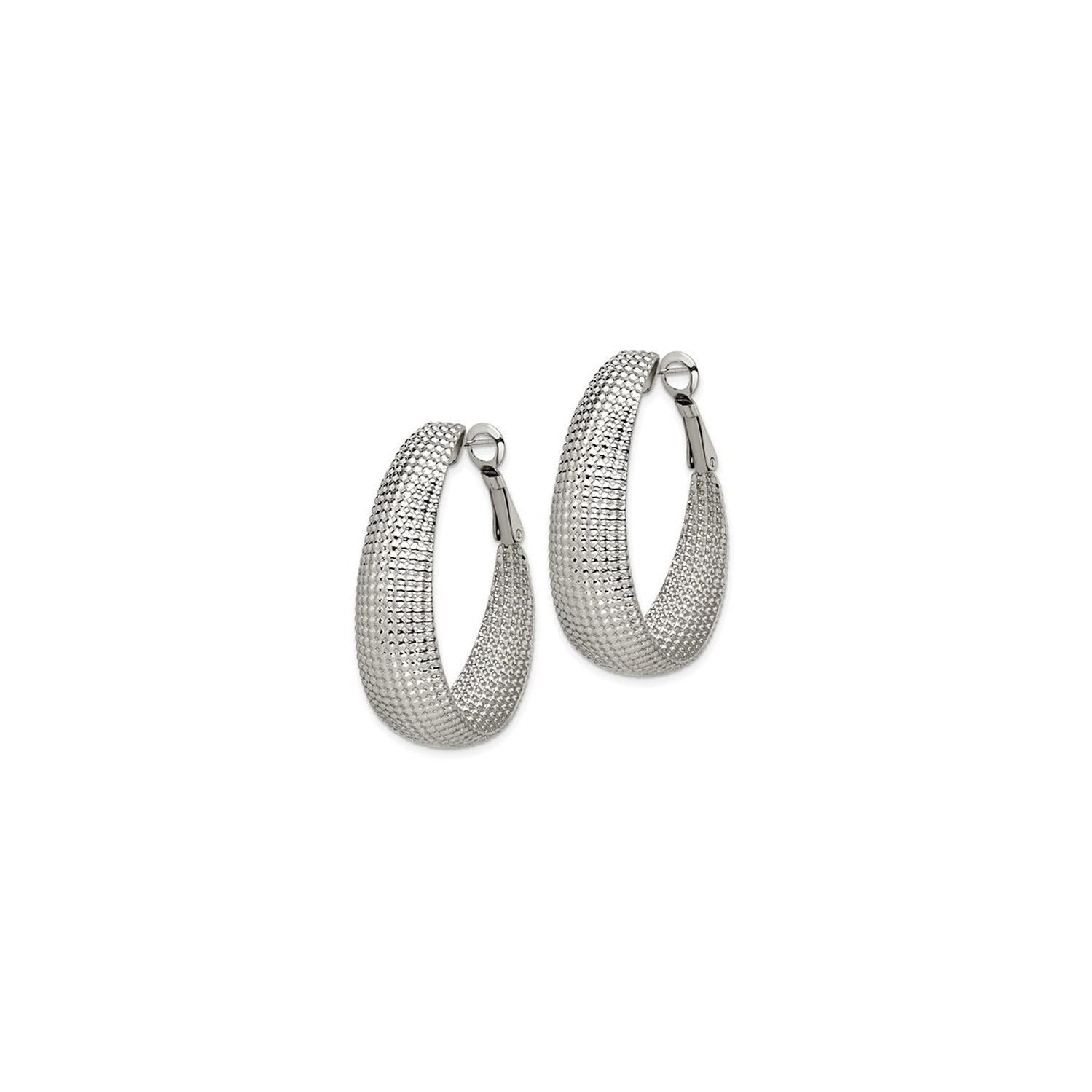 Stainless Steel Textured Oval Omega Hoop Earrings