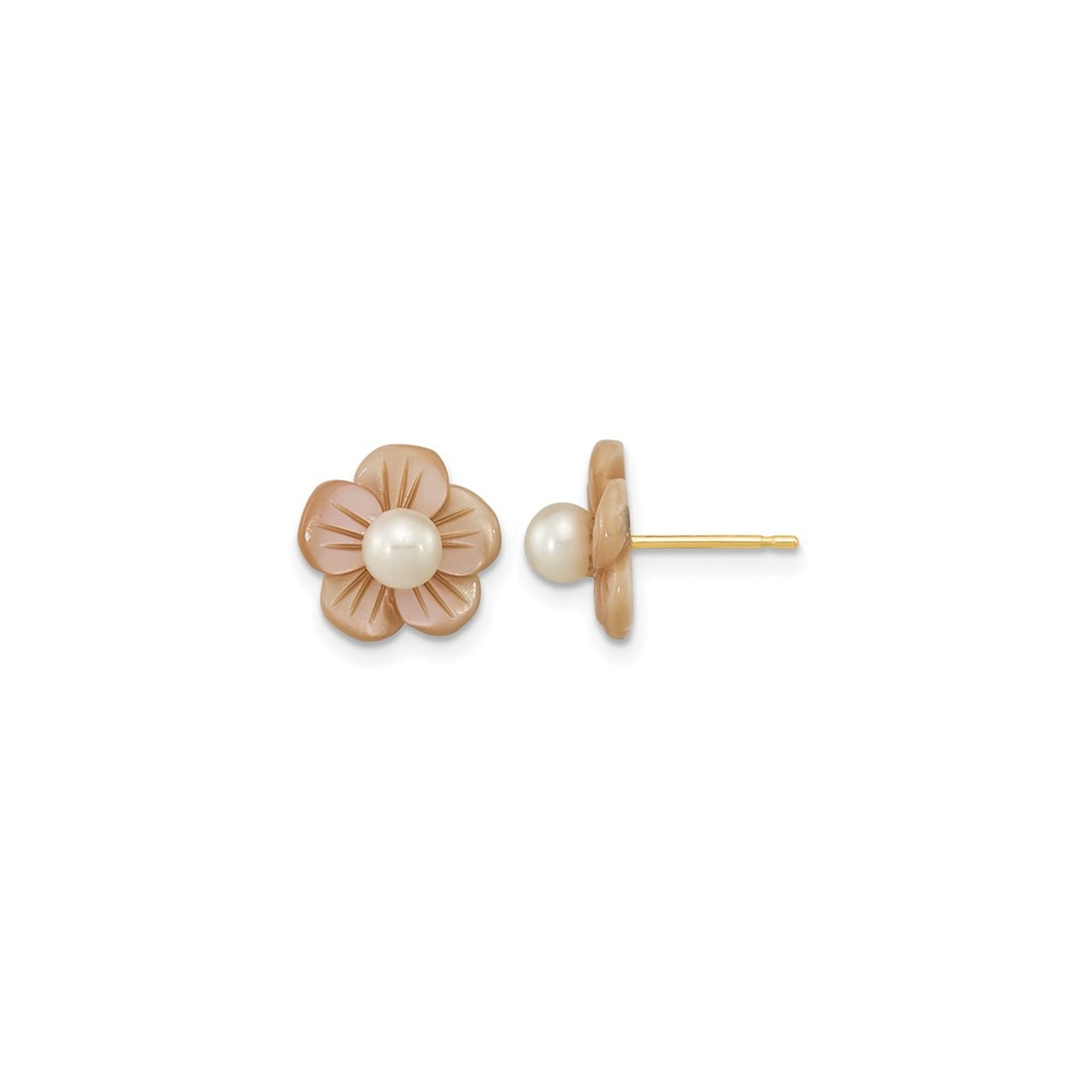 Freshwater cultured Pearl and Mother of Pearl Flower Earrings in 14K Yellow Gold