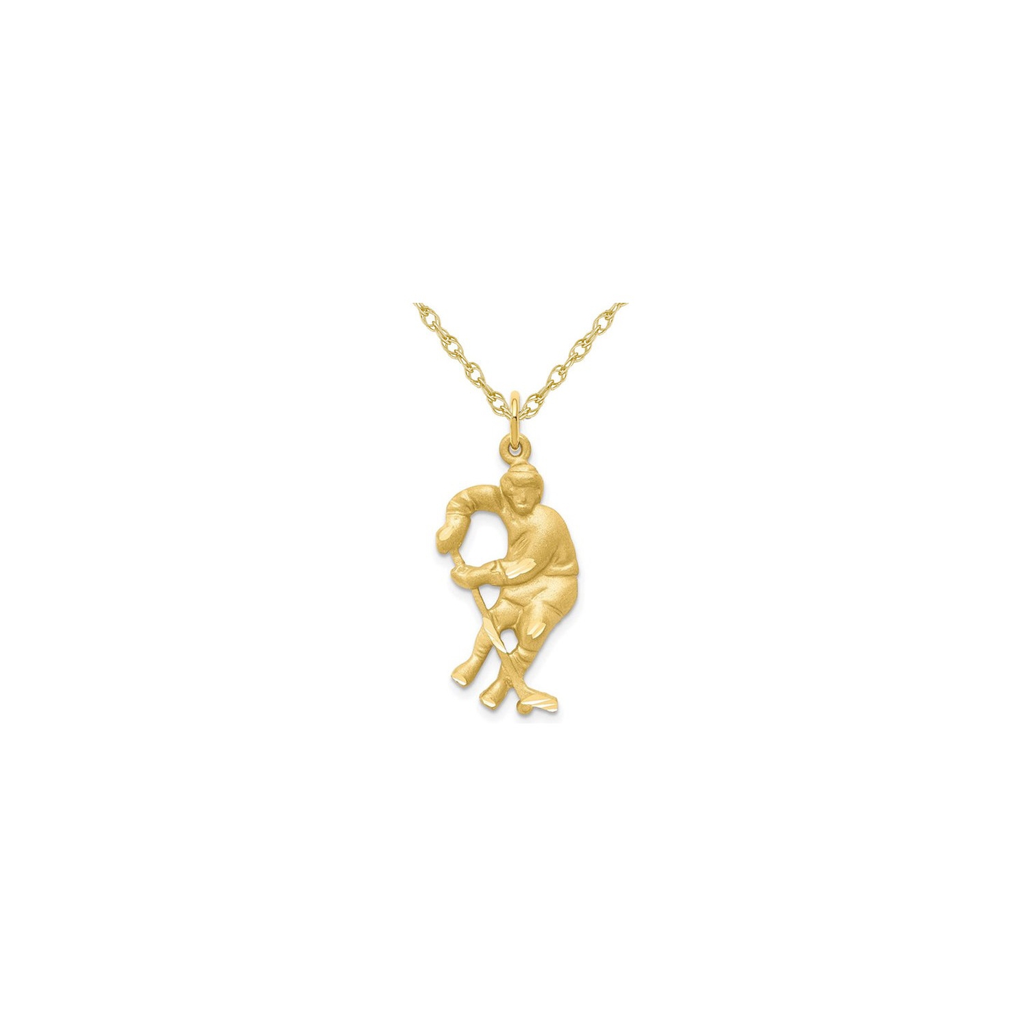 10K Yellow Gold Hockey Player with Stick & Puck Charm Pendant Necklace with Chain
